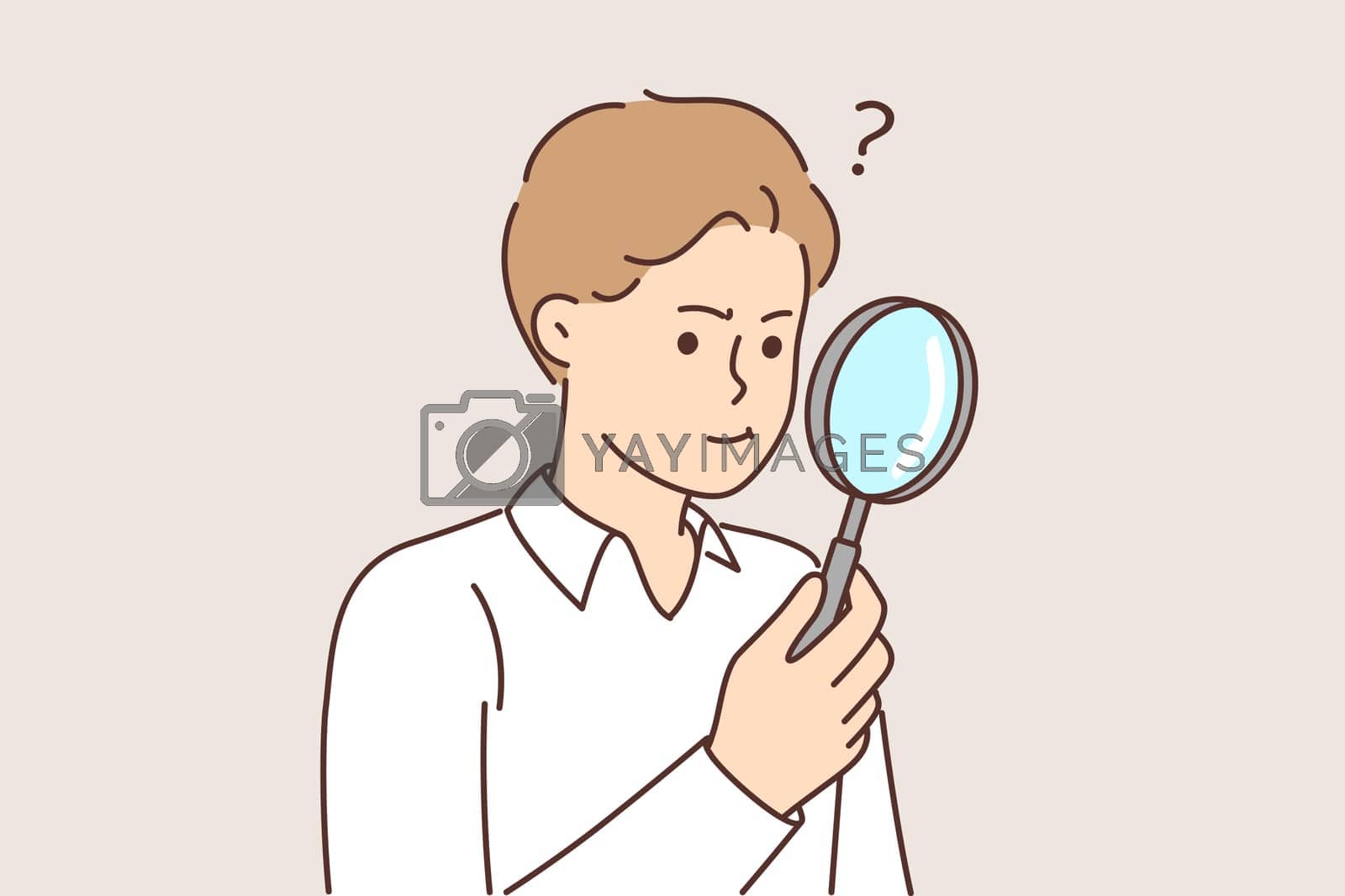 Royalty free image of Man with magnifying glass works as private detective and tries to find small clues with loupe by Vasilyeu