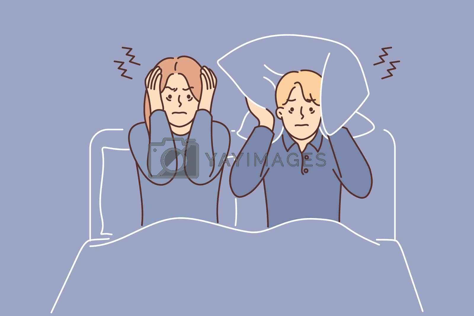 Royalty free image of Man and woman suffering from insomnia sit in bed and cover ears with pillow due to noisy neighbors by Vasilyeu