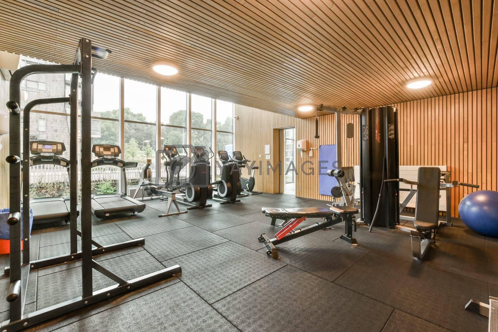 Royalty free image of a gym with a lot of exercise equipment and windows by casamedia