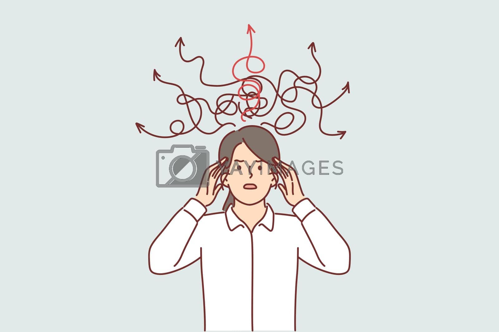 Royalty free image of Confused woman with wad arrows above head, feeling chaotic in thoughts and make difficult decision by Vasilyeu