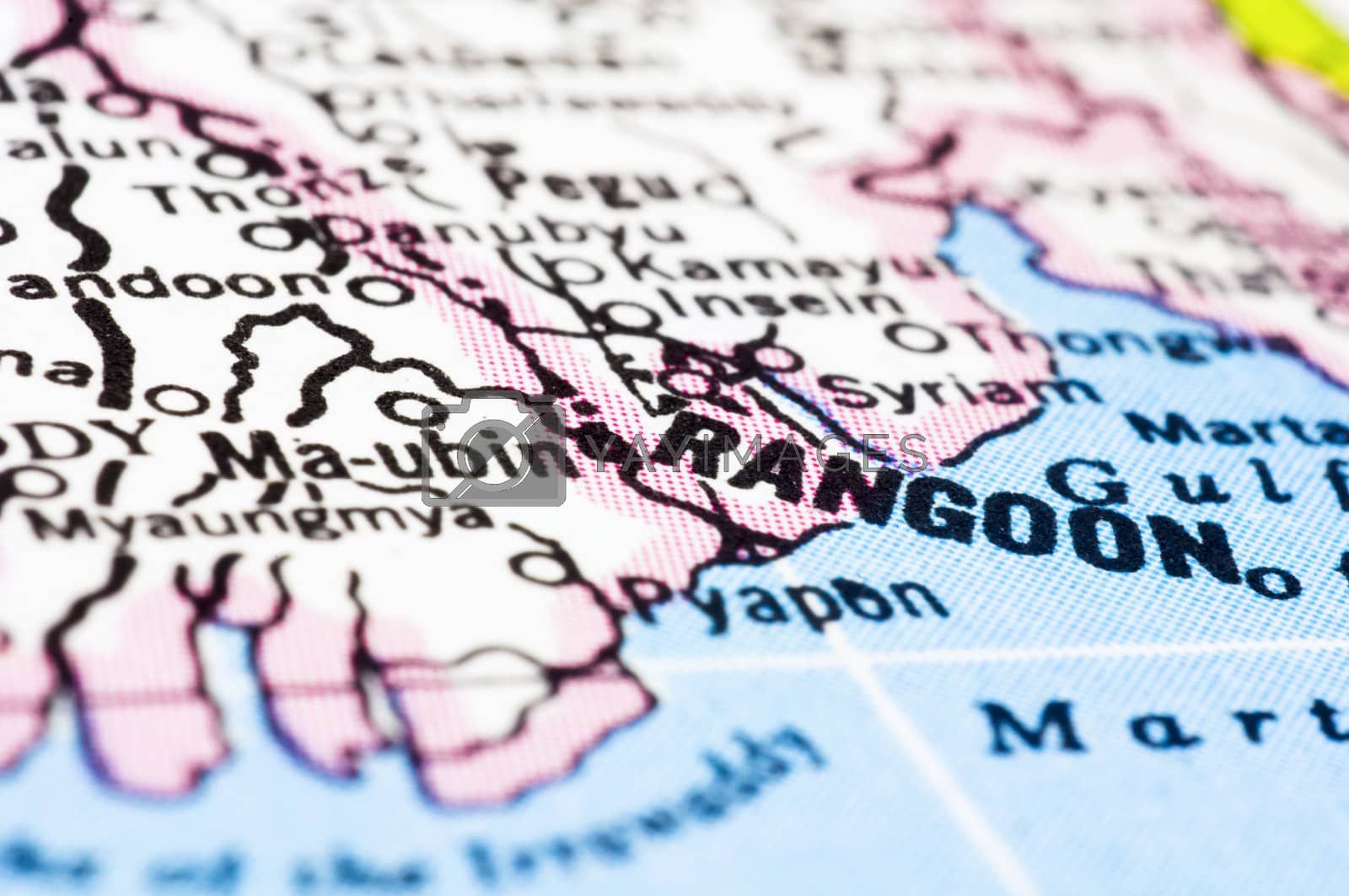 Royalty free image of close up of Rangoon or Yangon on map, Myanmar by mtkang