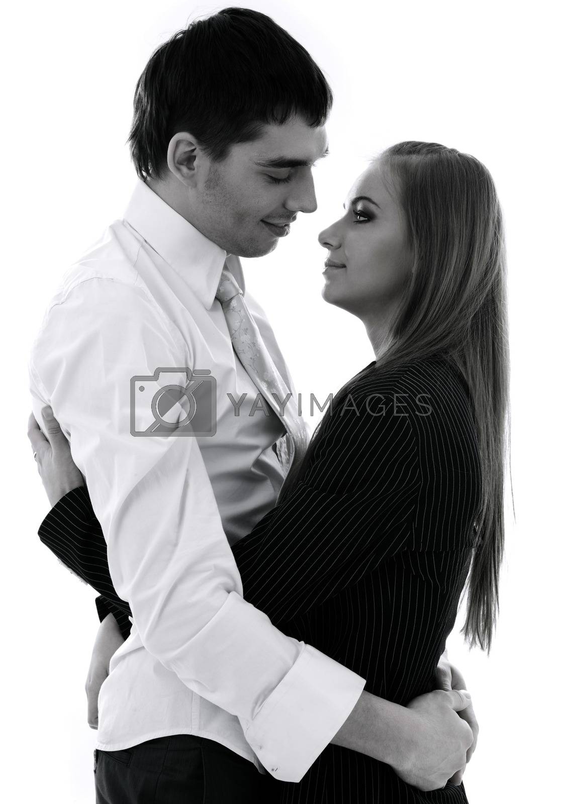 monochrome picture of happy couple in love over white