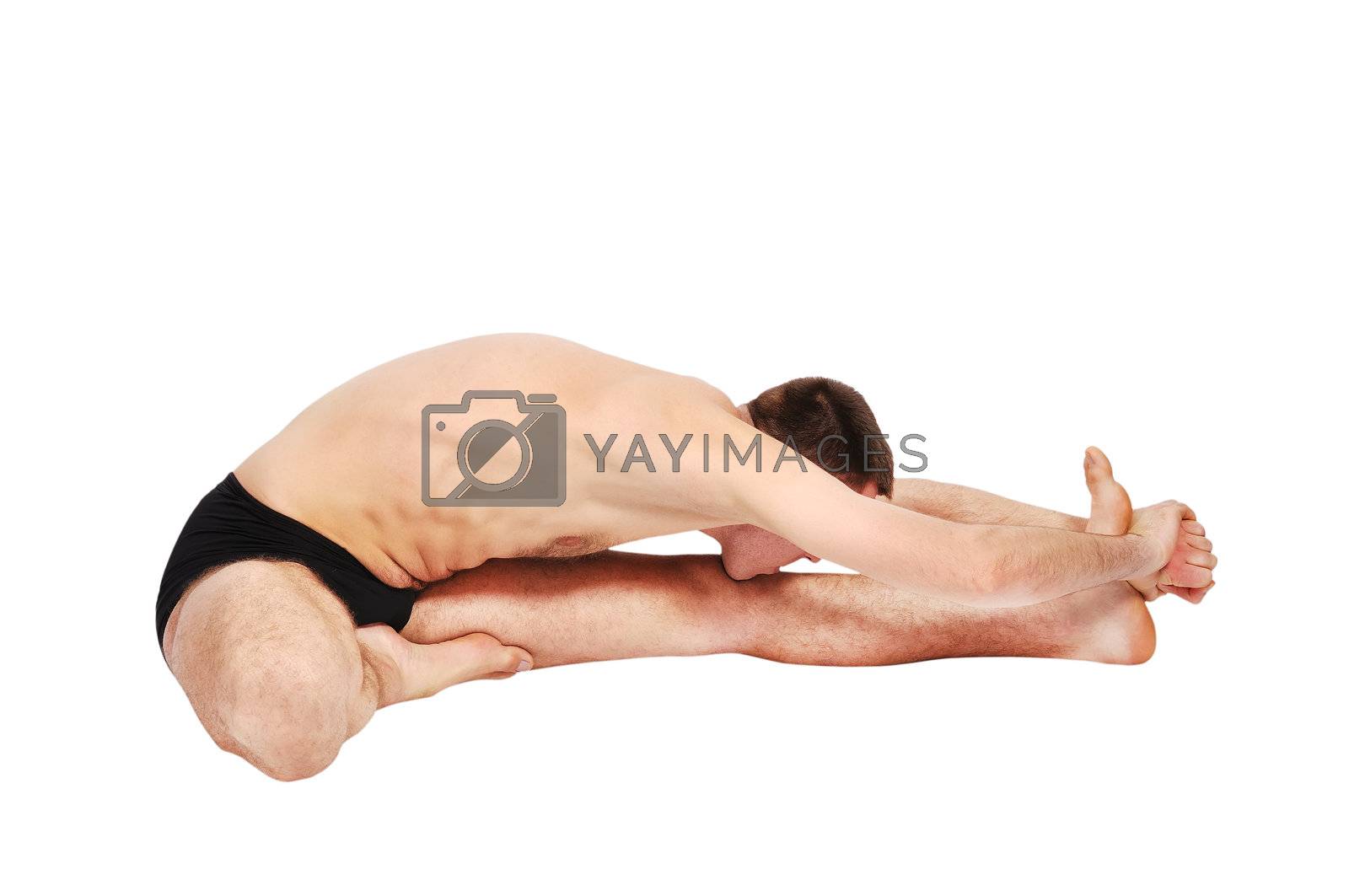 handsome bare-chested man doing yoga