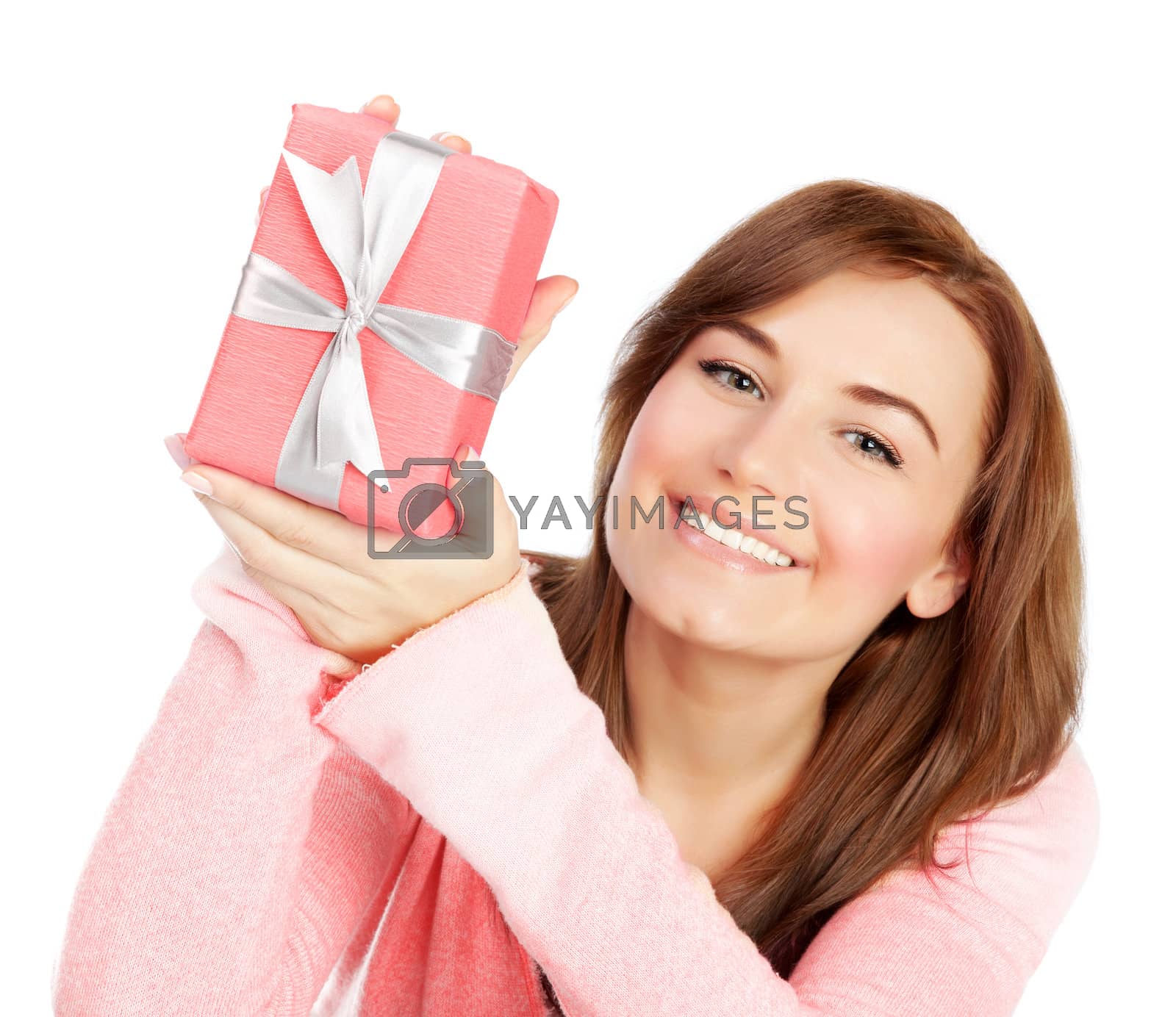 Royalty free image of Cheerful female with gift by Anna_Omelchenko