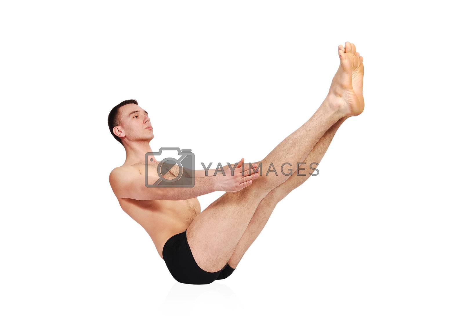 handsome bare-chested man doing yoga