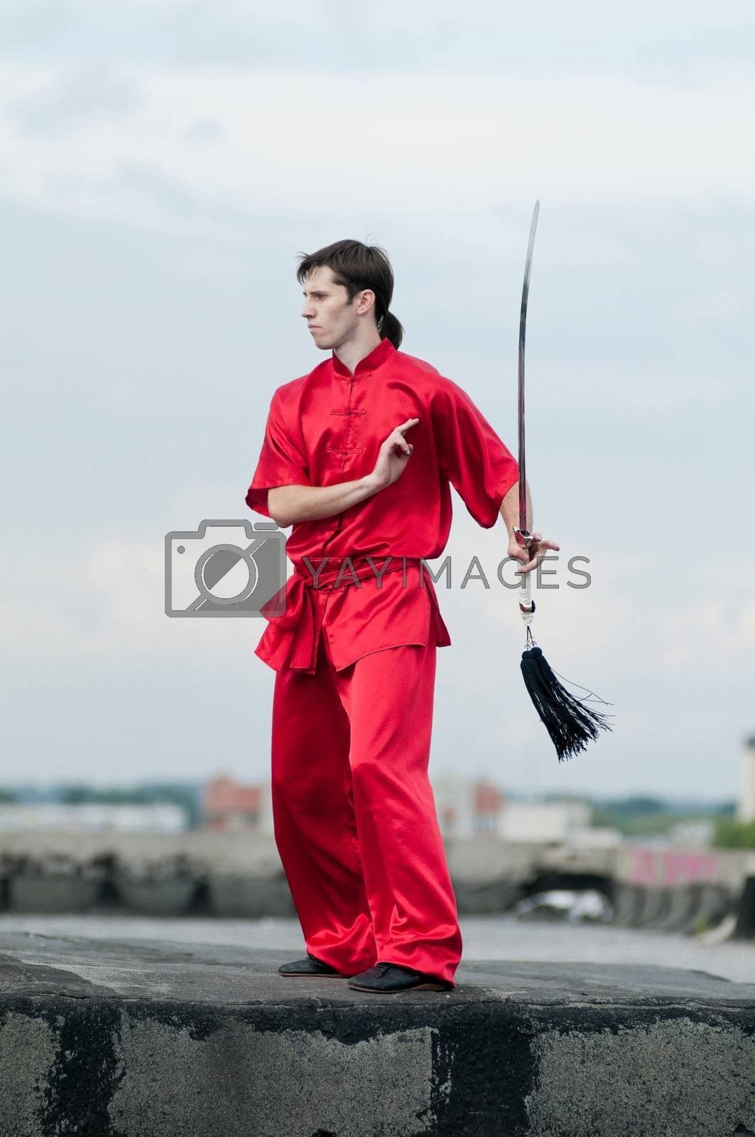 Royalty free image of Wushoo man in red practice martial art by markin
