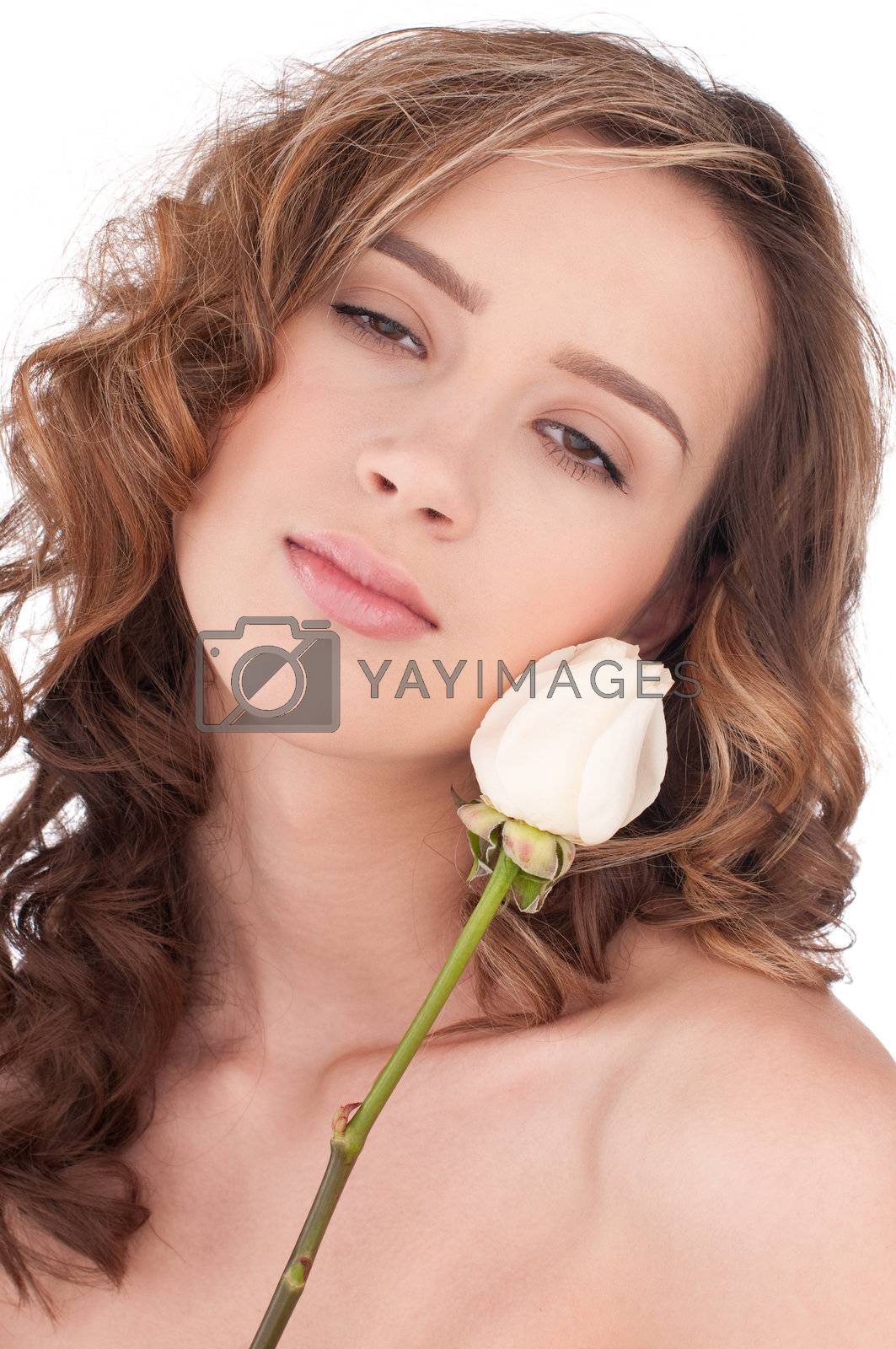 Royalty free image of Close-up of beautiful girl with white rose flower by markin