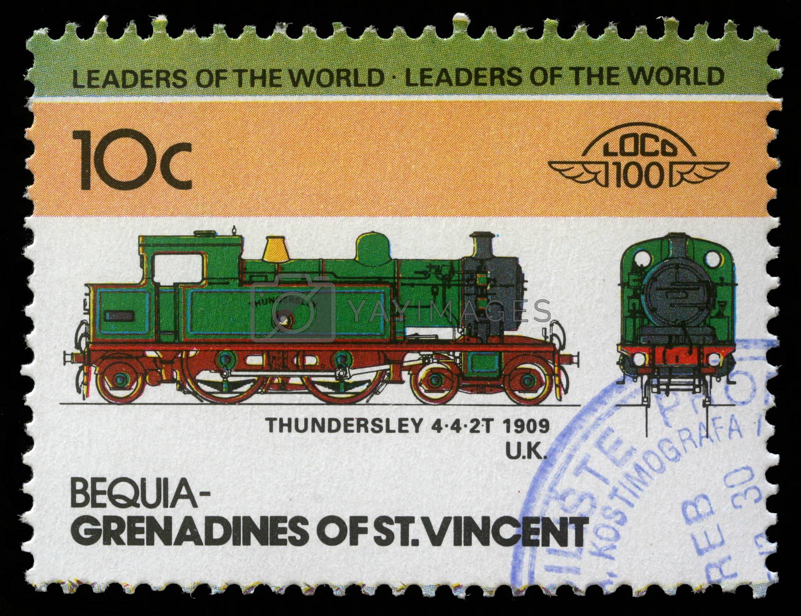 Royalty free image of Stamp printed in Grenadines of St. Vincent shows Thundersley Train 4-4-2T, 1909 U.K by atlas