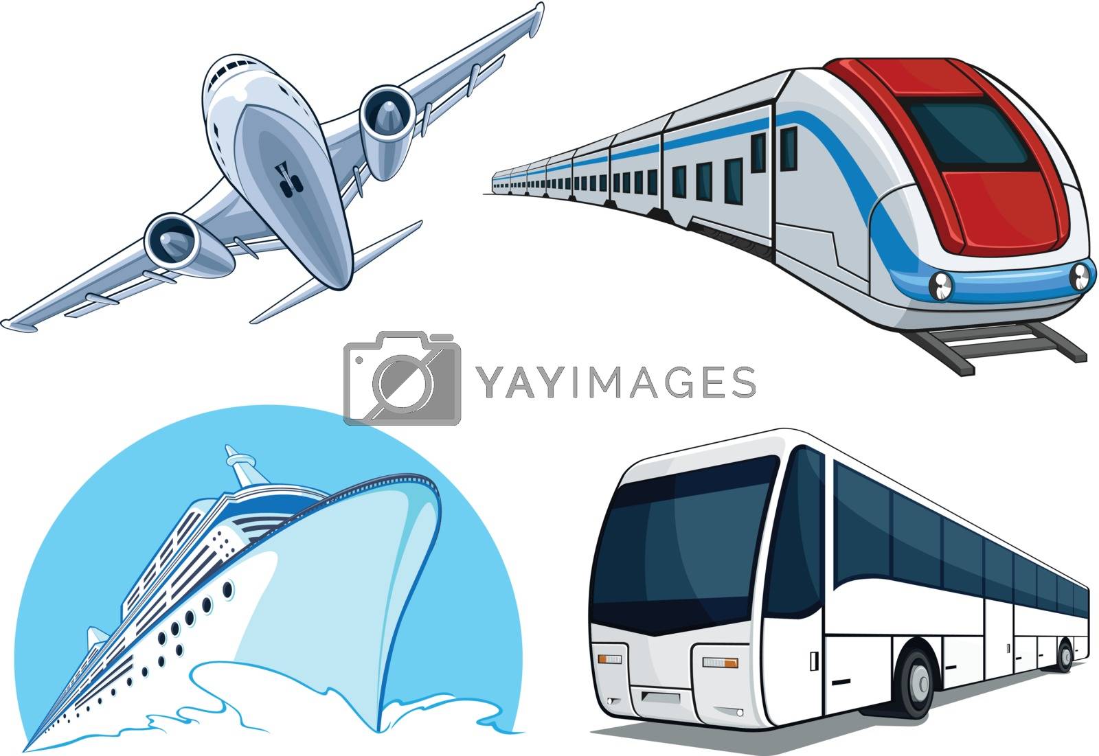 A vector set of 4 different transportation model : airplane, bus, cruise ship and train. This vector is very good for design that needs transportation or travel element.

Available as a Vector in EPS8 format that can be scaled to any size without loss of quality. Good for many uses & application. Elements could be separated for further editing. Color easily changed.