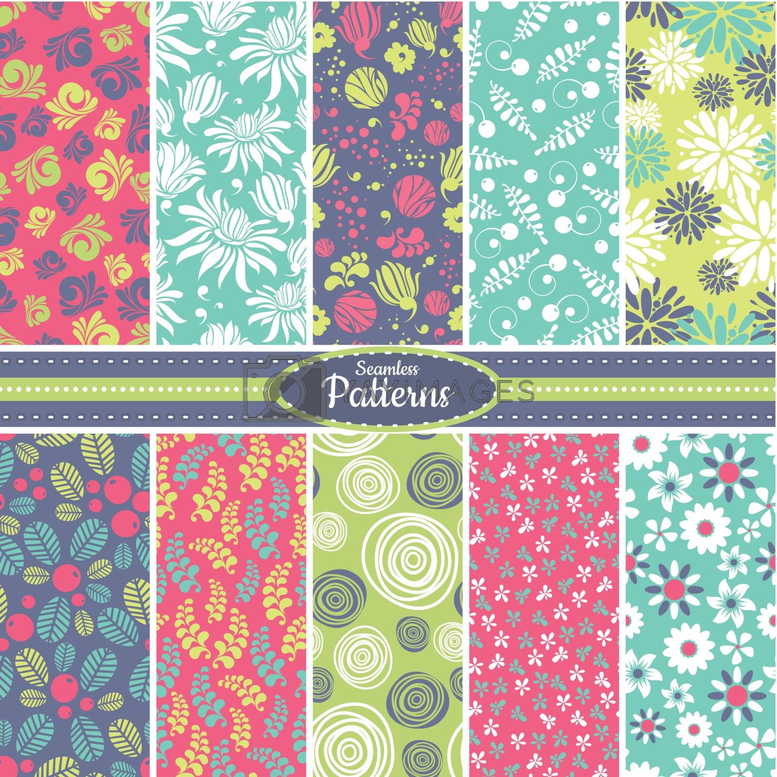 Collection of 10 floral colorful seamless pattern background. Great for web page backgrounds, wallpapers, interiors, home decor, apparel, etc. Vector file includes pattern swatch for each pattern.