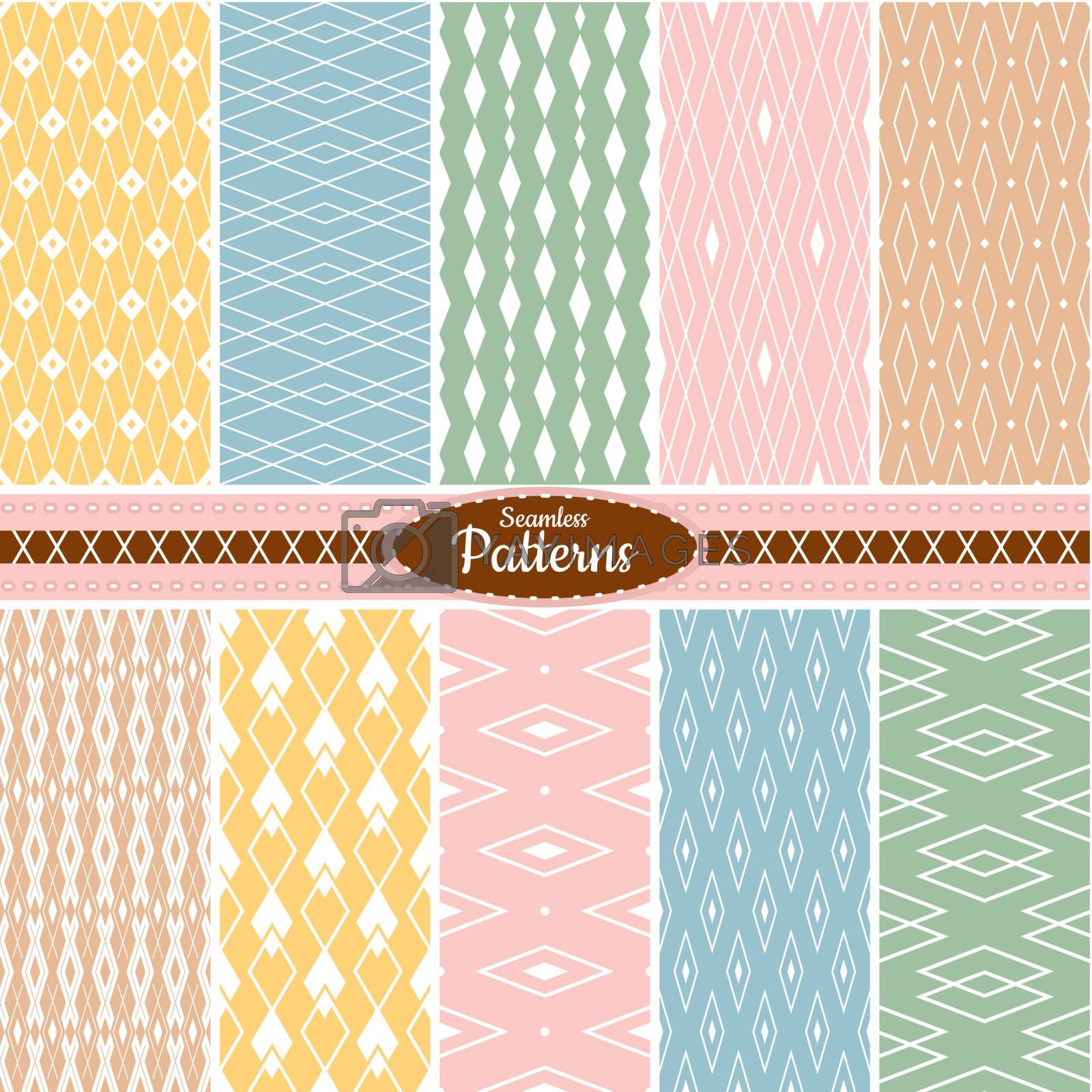 Collection of 10 geometric colorful seamless pattern background. Great for web page backgrounds, wallpapers, interiors, home decor, apparel, etc. Vector file includes pattern swatch for each pattern.