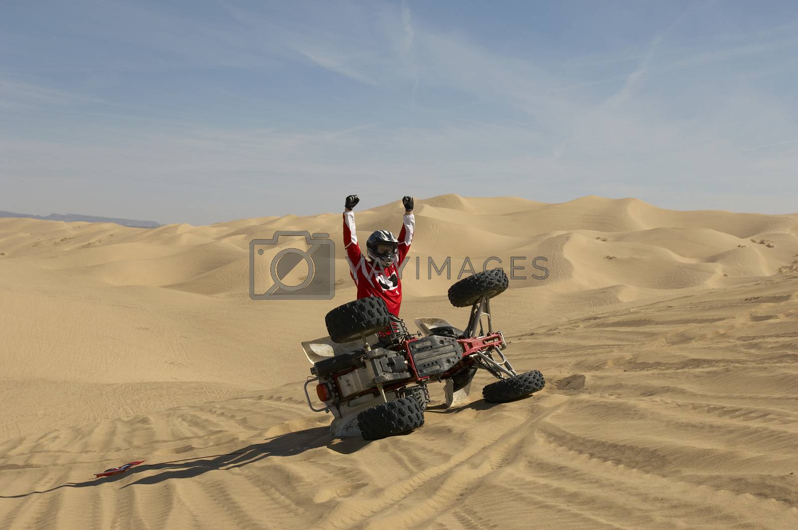 Royalty free image of Male quad racer cheering tipped-over quad bike in desert by moodboard