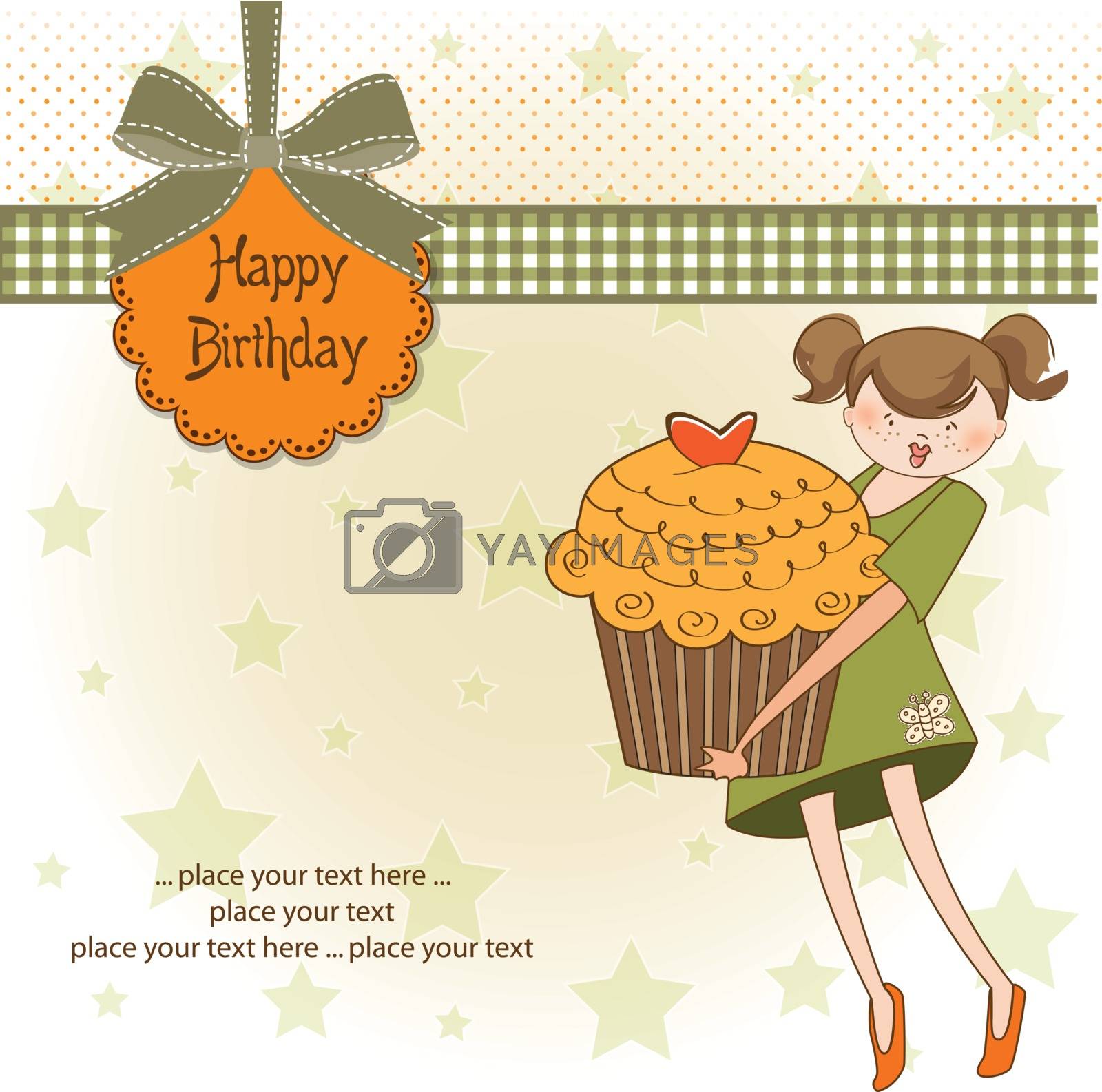 Royalty free image of Happy Birthday card with girl and cup cake by balasoiu