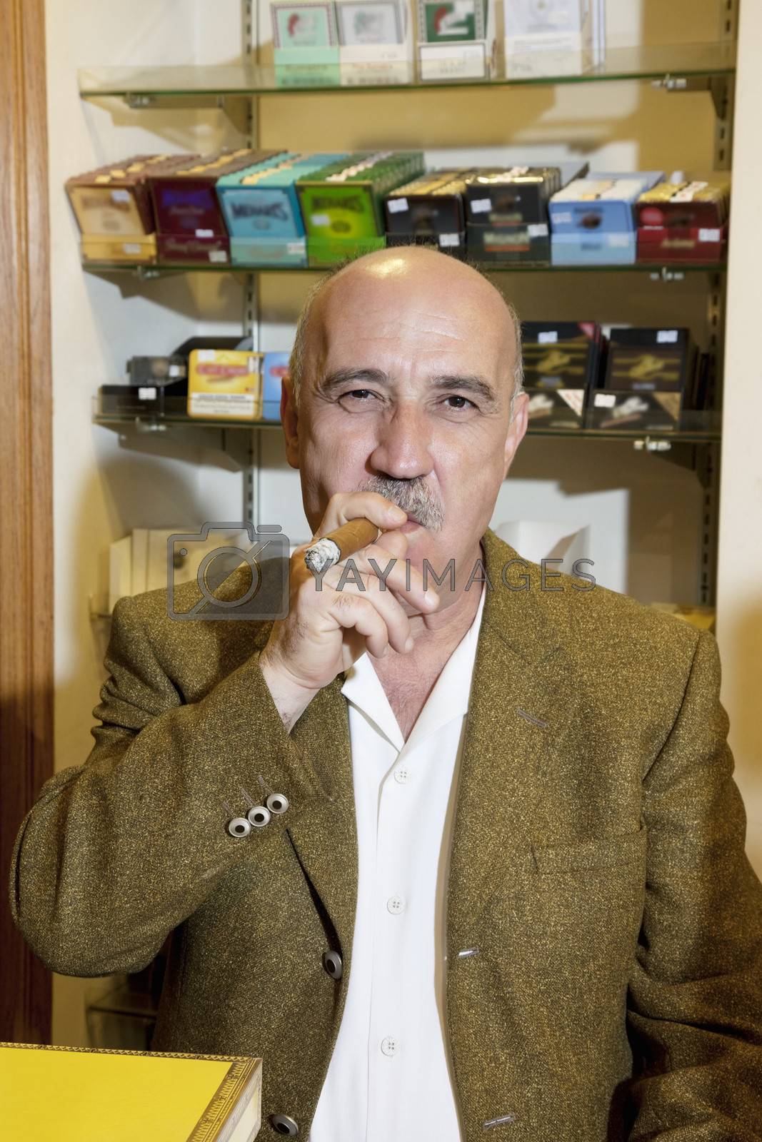 Royalty free image of Portrait of mature tobacco store owner smoking cigar by moodboard