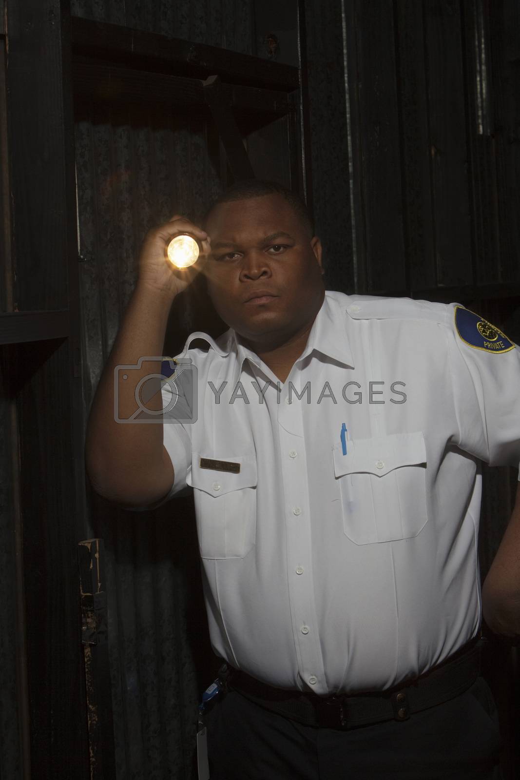 Royalty free image of Security guard investigates with torch by moodboard
