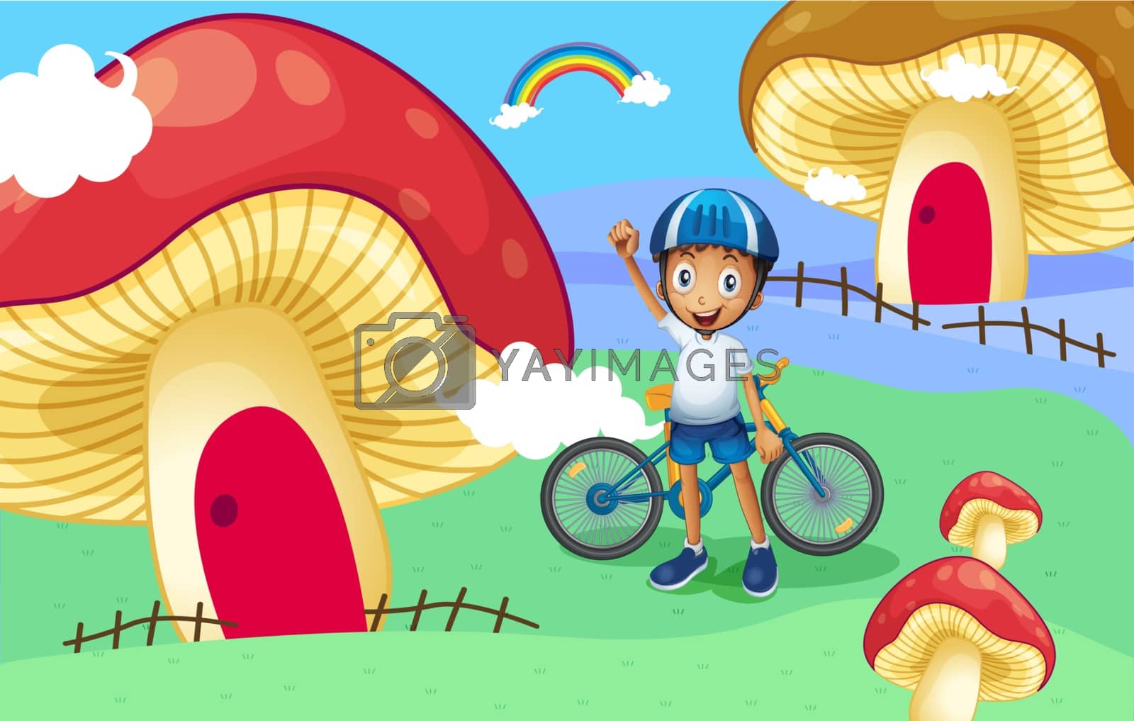 Royalty free image of A young biker near the giant mushroom house by iimages