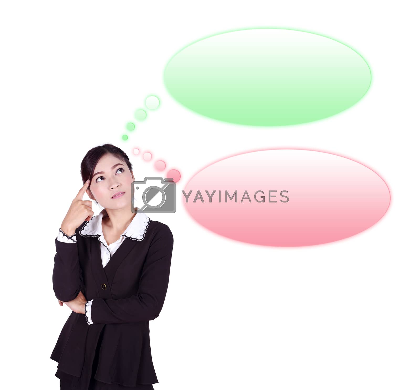Royalty free image of thinking business woman looking up on speech empty bubble by geargodz