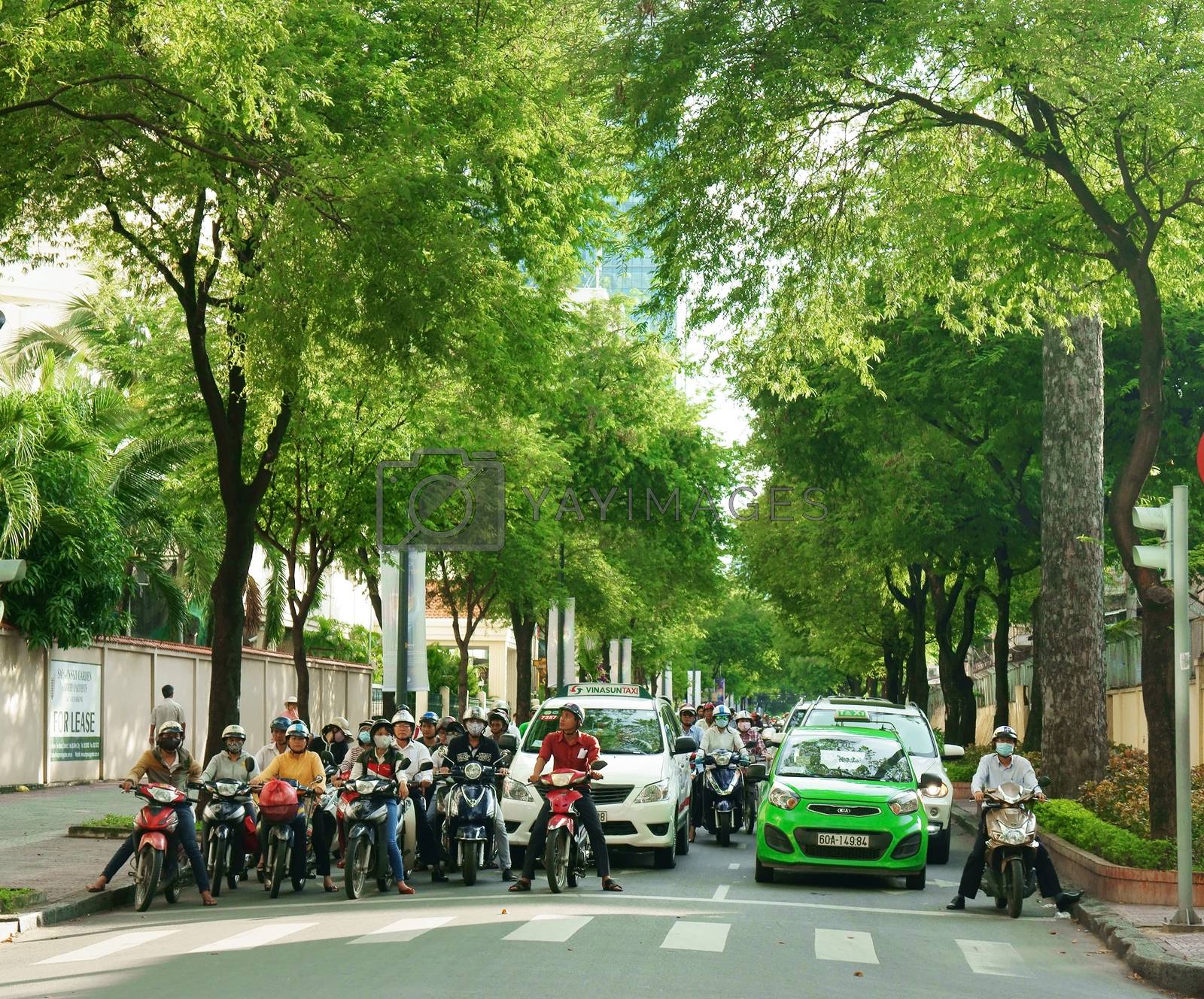 Royalty free image of Asian city, green tree, Vietnamese street by xuanhuongho