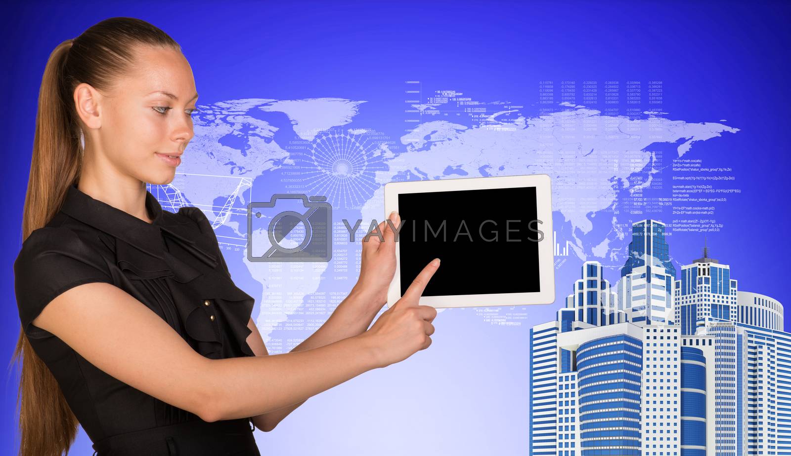 Royalty free image of Business woman holds tablet PC, pointing at blank screen by cherezoff
