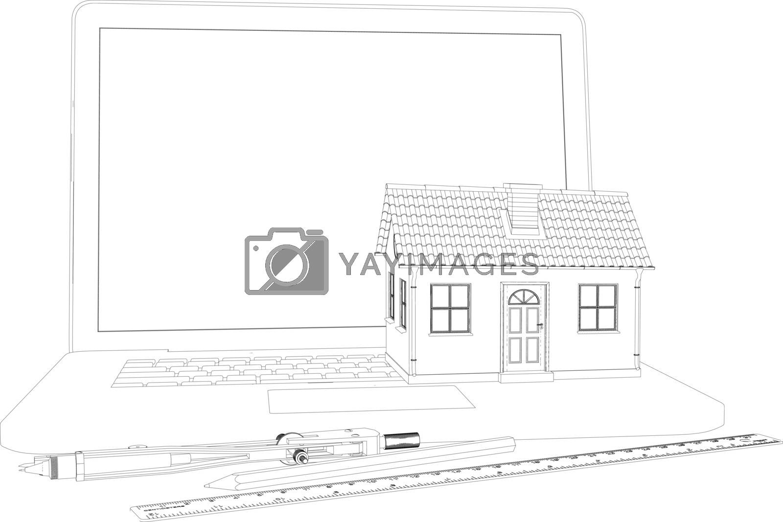Royalty free image of Sketch of house, laptop and engineer tools. Vector illustration by cherezoff