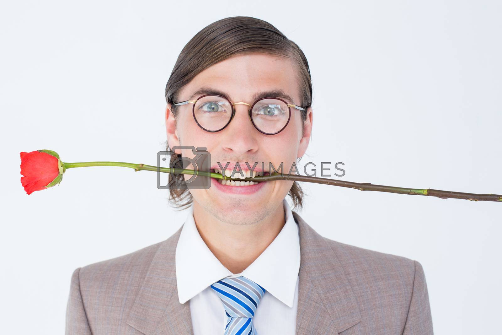 Royalty free image of Geeky businessman offering bunch of roses by Wavebreakmedia