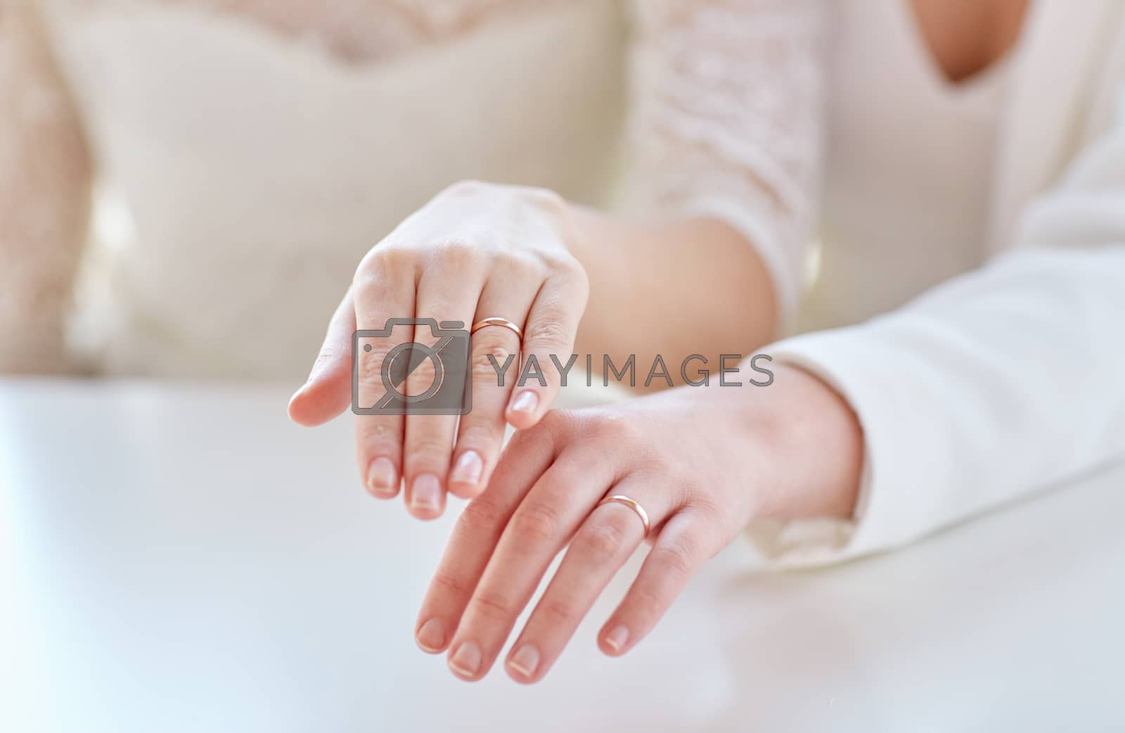 Royalty free image of close up of lesbian couple hands and wedding rings by dolgachov