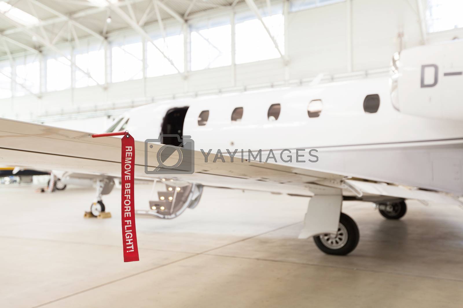 Royalty free image of Airplane in Hangar with remove before flight Labels in red by juniart