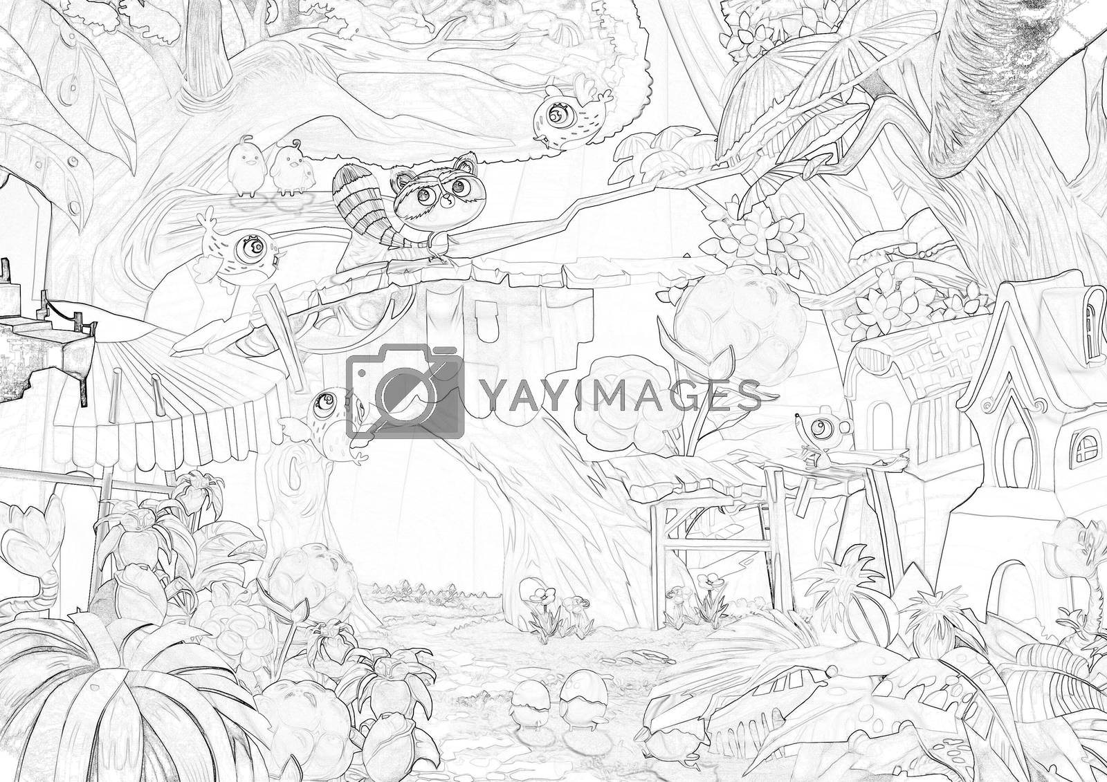 Royalty free image of Illustration: Coloring Book Series: Enchanted Forest. It is made in soft thin line. Print it on A4 paper and bring it to Life with Color! Outline / Sketch / Line Art Design in a Fantastic Style. by NextMars