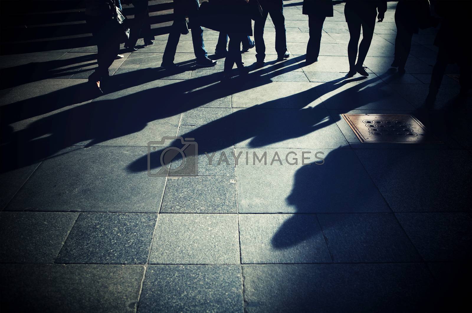 Shadows of people on the pavement. People walking the street.