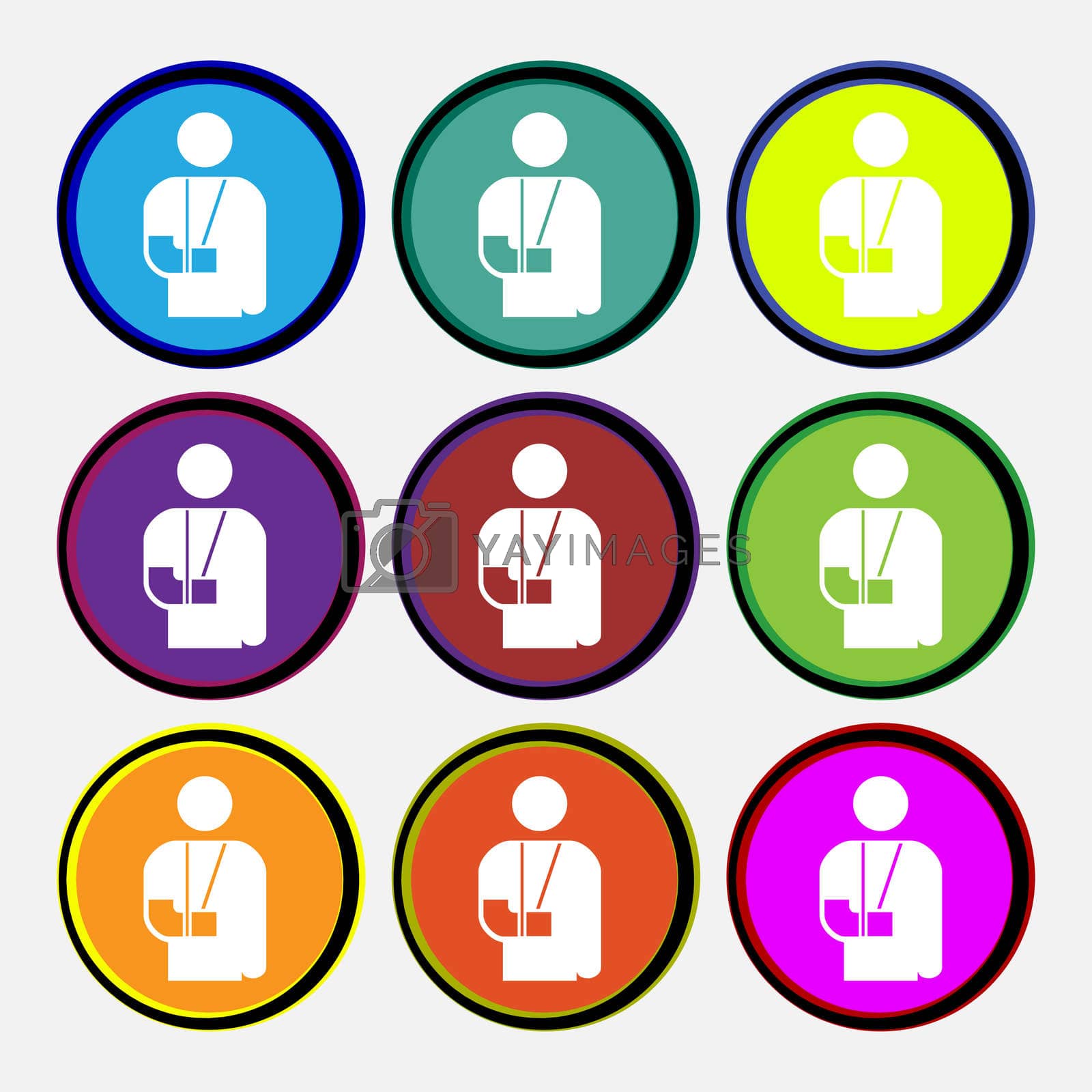 Royalty free image of broken arm, disability icon sign. Nine multi colored round buttons.  by serhii_lohvyniuk