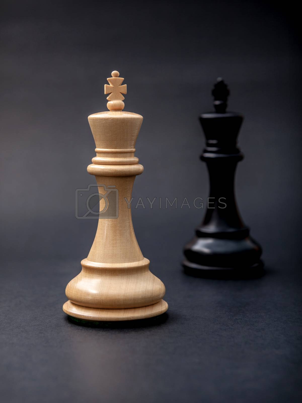 Royalty free image of Black and white king of chess set up on dark background .  by kerdkanno