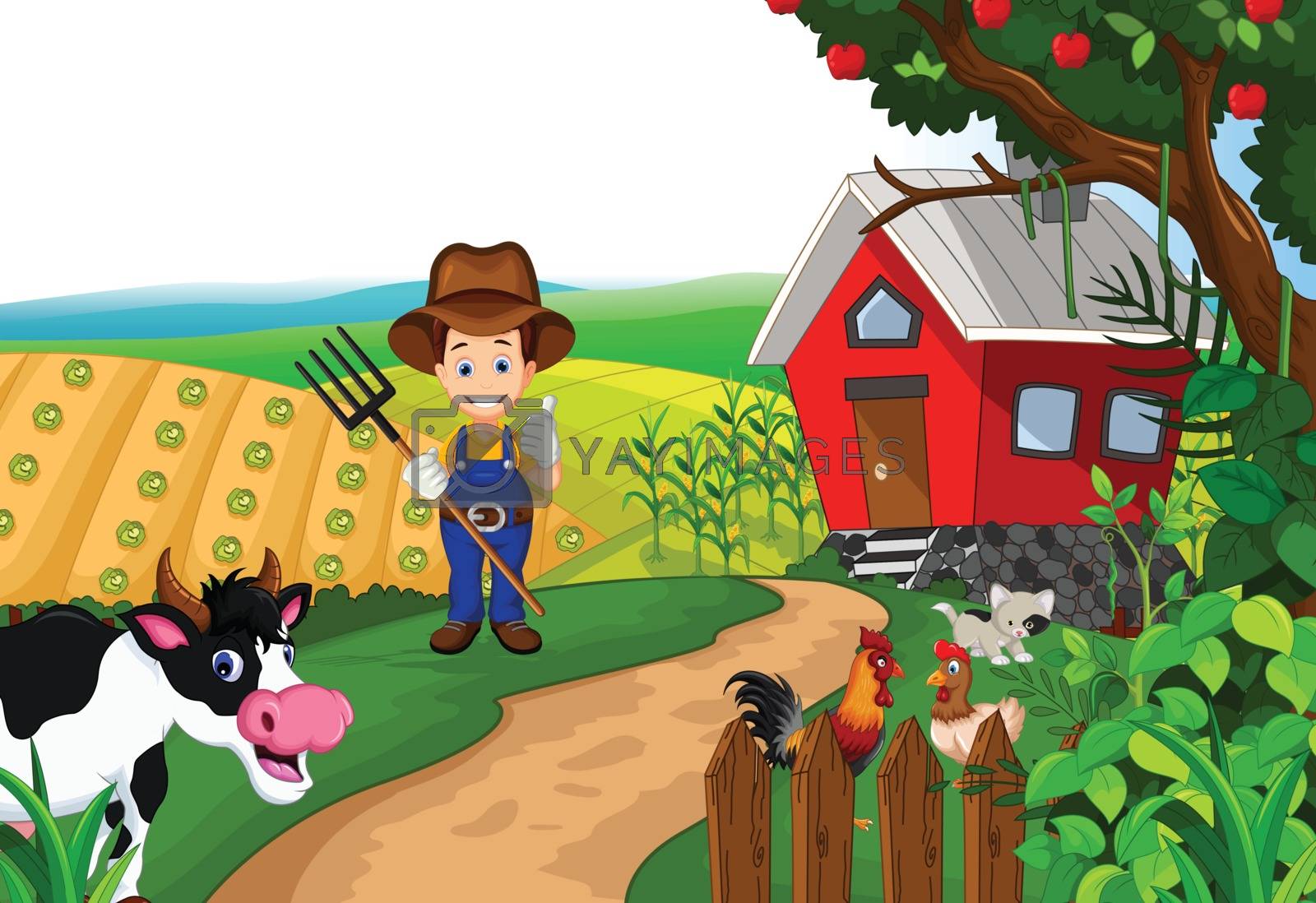 Royalty Free Vector | funny farm with cow cartoon and farmer life  background by sujono