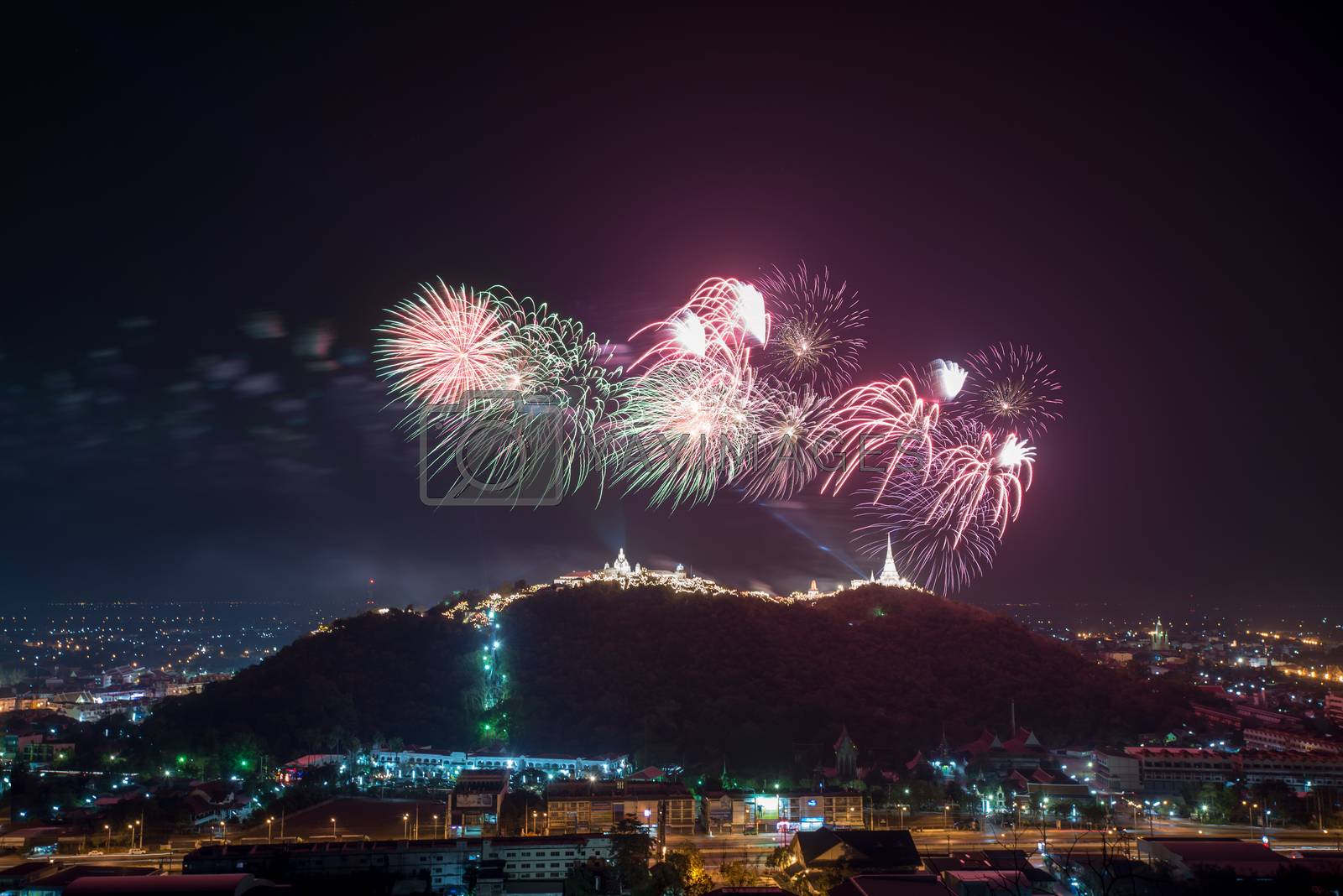 Royalty free image of Fireworks show over Khao wang Historical Park, Petchaburi, thail by chanwity