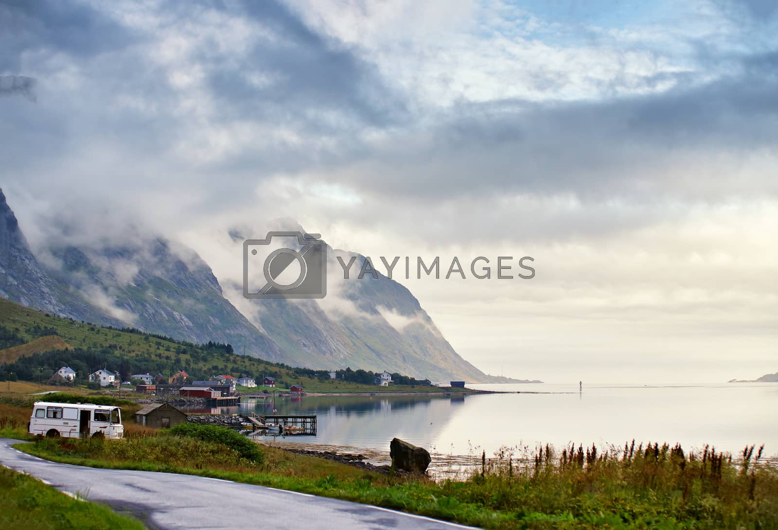 Royalty free image of Norway villages in fjord. Cloudy Nordic day. by weise_maxim
