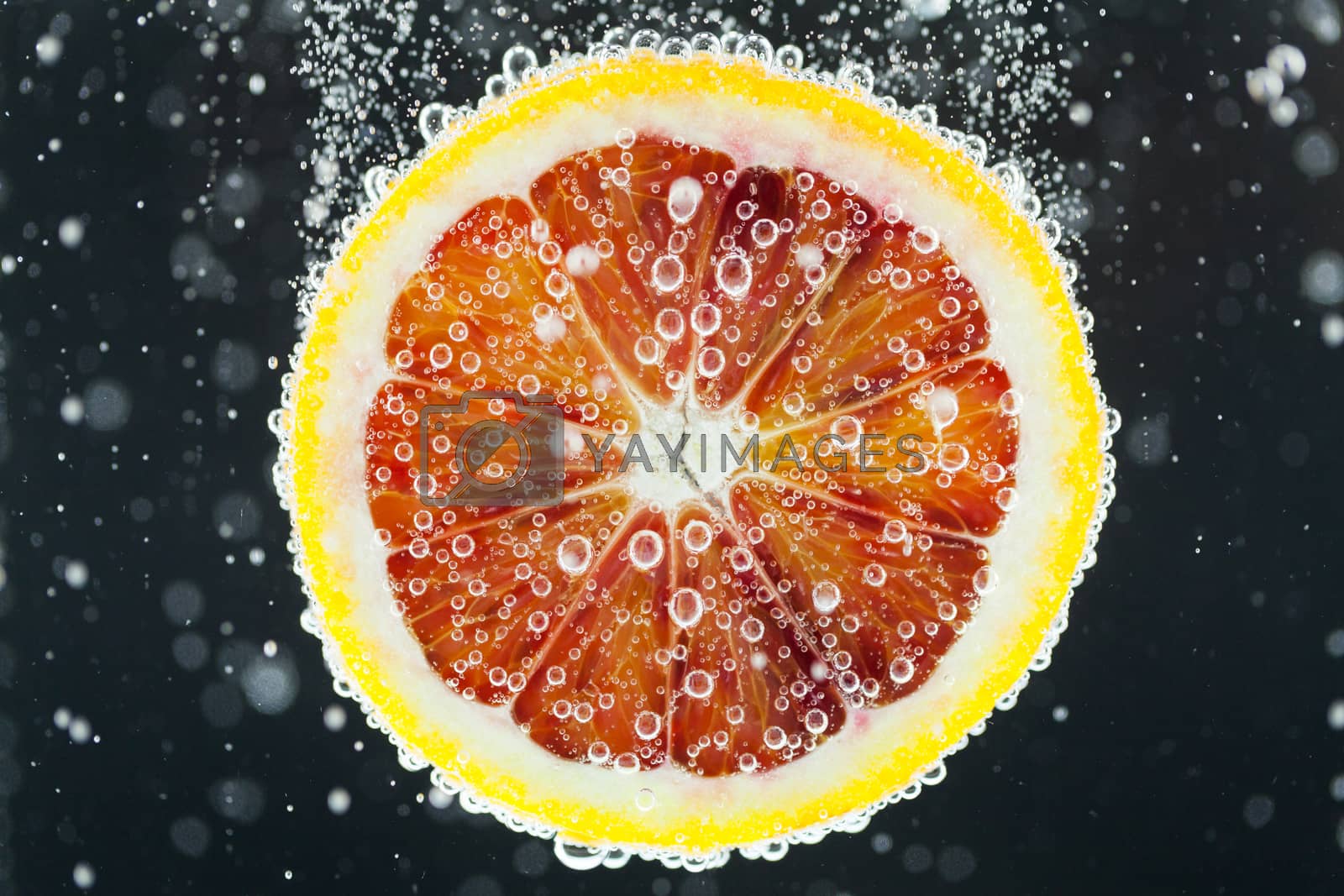 Royalty free image of Orange citrus slice falling into water by juniart