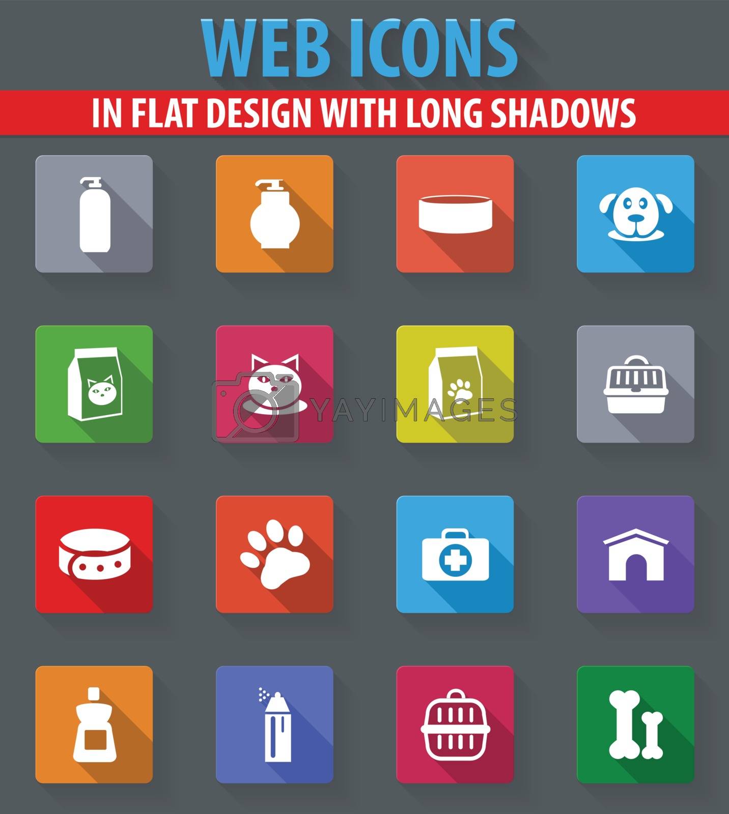 Goods for pets web icons in flat design with long shadows