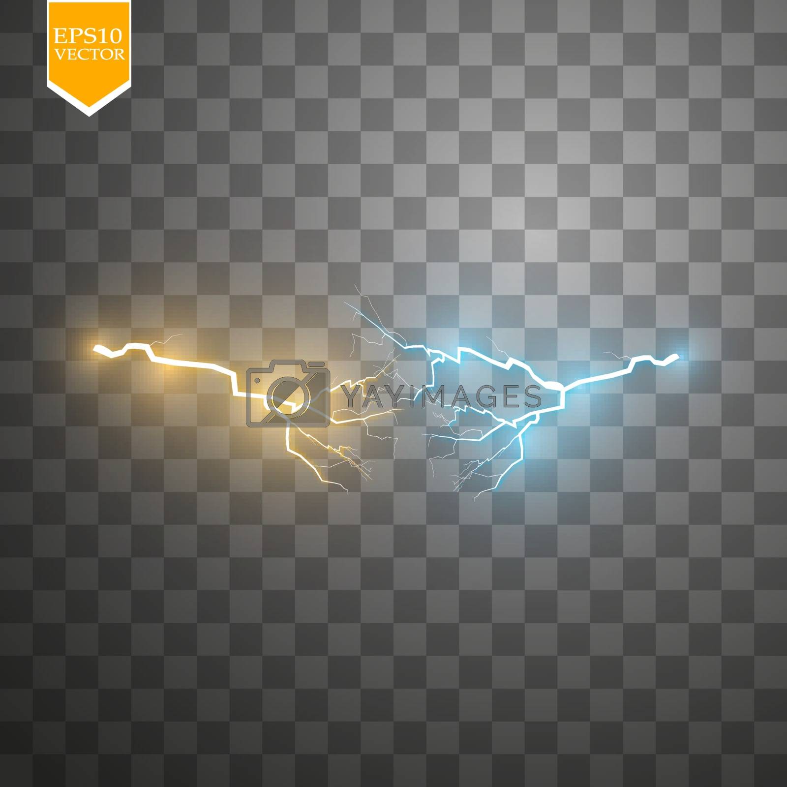 Royalty free image of Collision of two forces with gold and blue light. Vector illustration. Hot and cold sparkling power. Energy lightning with electric discharge isolated on transparent background by Denzelll