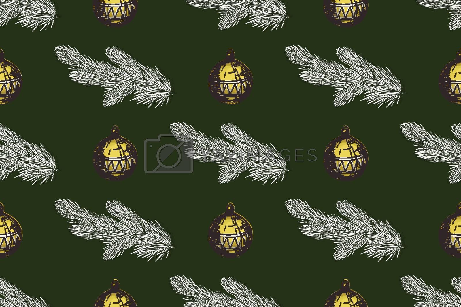 Royalty free image of Seamless Christmas pattern with fir branches and Christmas toys on a green background by nutela_pancake