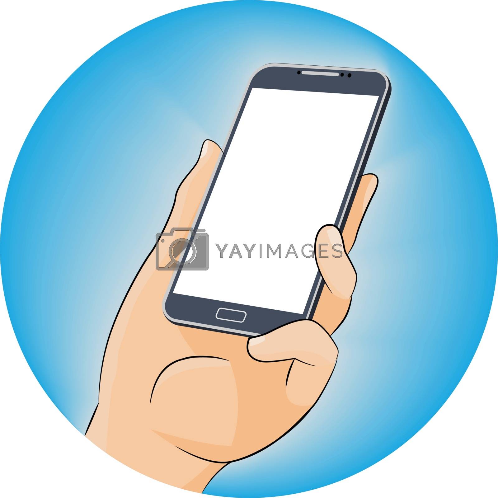 Royalty free image of Hand holding mobile phone in flat design style with blank screen by solargaria
