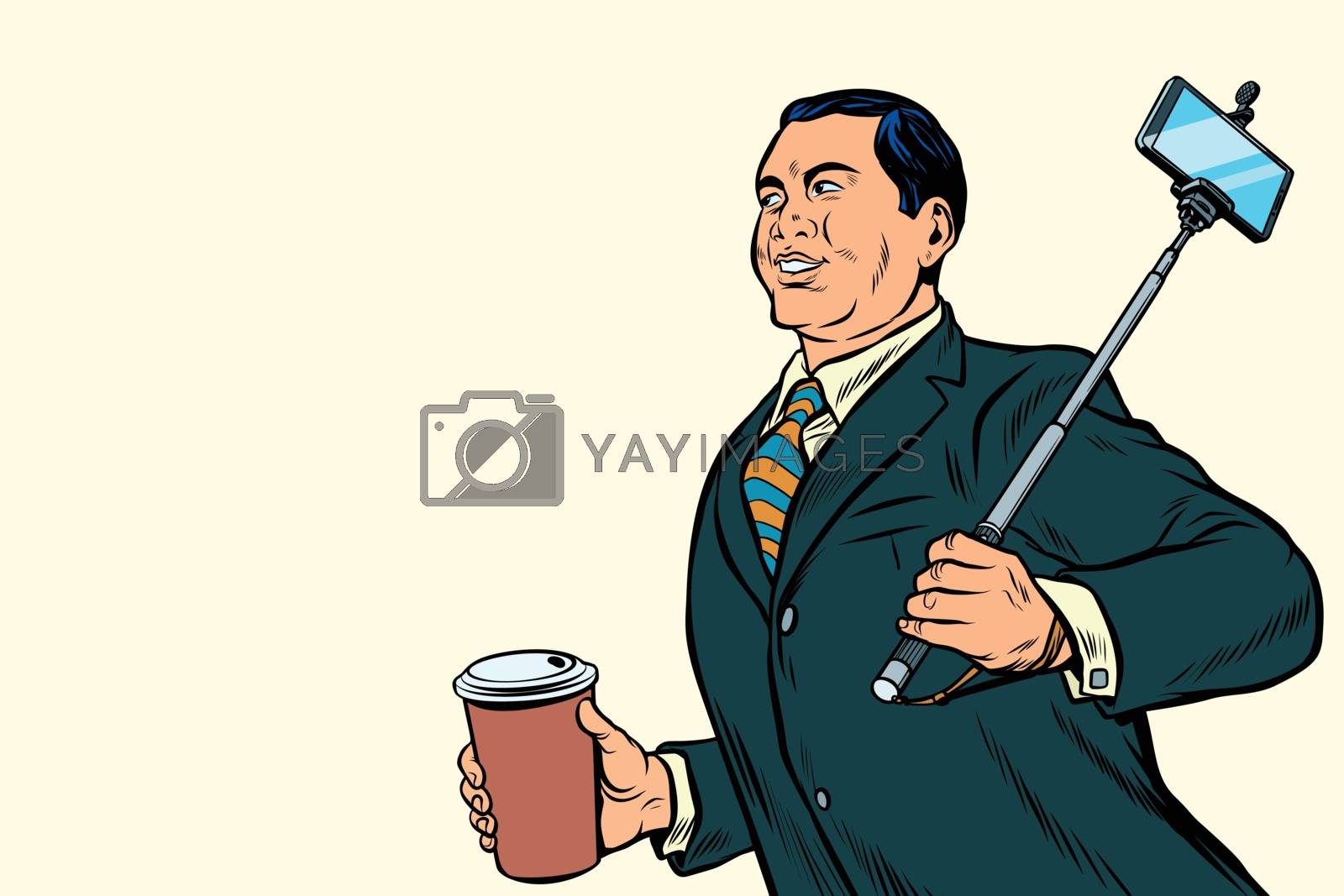 Royalty free image of Asian businessman with a selfie stick and coffee by studiostoks