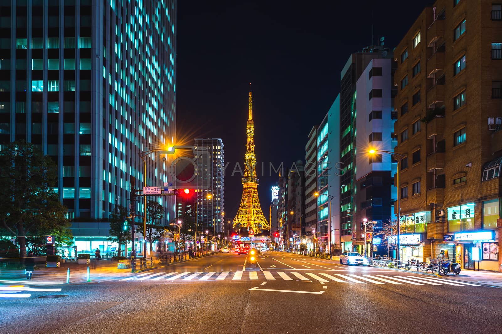 Royalty free image of Traffic and Tokyo Tower at night by gutarphotoghaphy