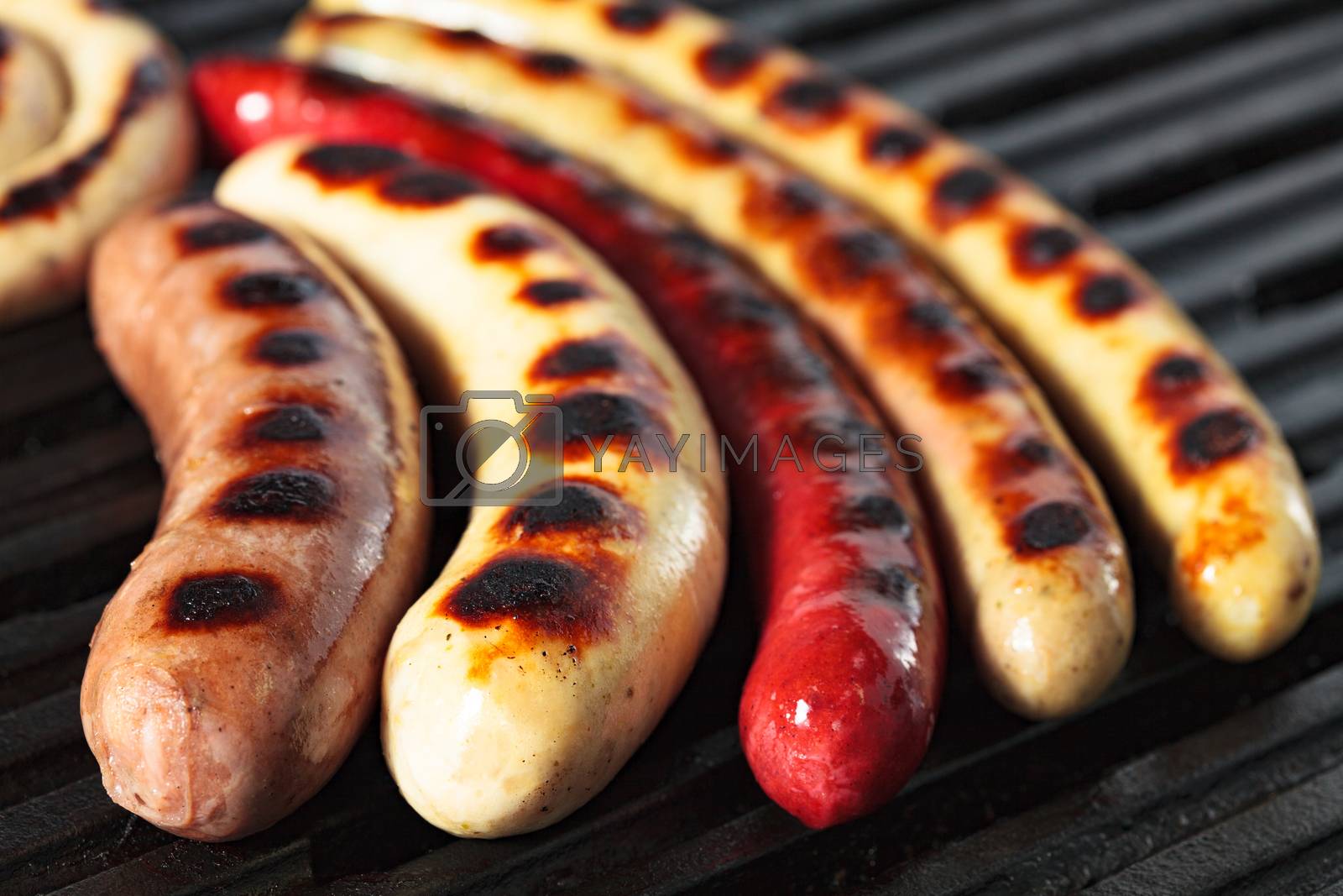 Royalty free image of Closeup shot of sausages on a grill by Nobilior