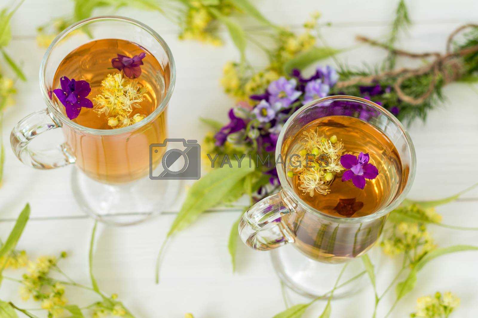 Royalty free image of Linden herbal tea in transparent grog glass by ArtSvitlyna