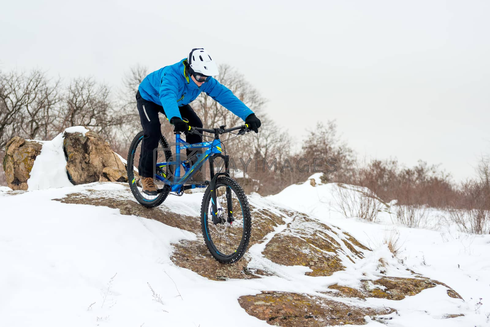 Royalty free image of Cyclist in Blue Riding Mountain Bike on Rocky Winter Hill Covered with Snow. Extreme Sport and Enduro Biking Concept. by maxpro