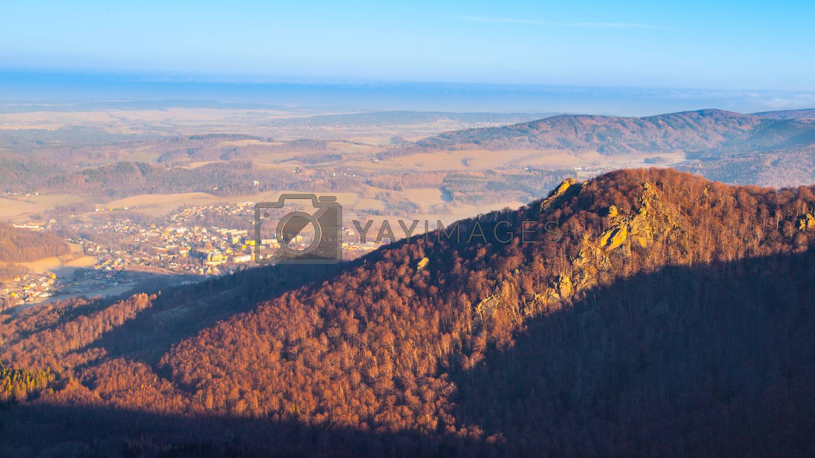 Royalty free image of Frydlatske cimburi granite rock formation on the ridge in the middle of beech forest of Jizera Mountains, Czech Republic by pyty