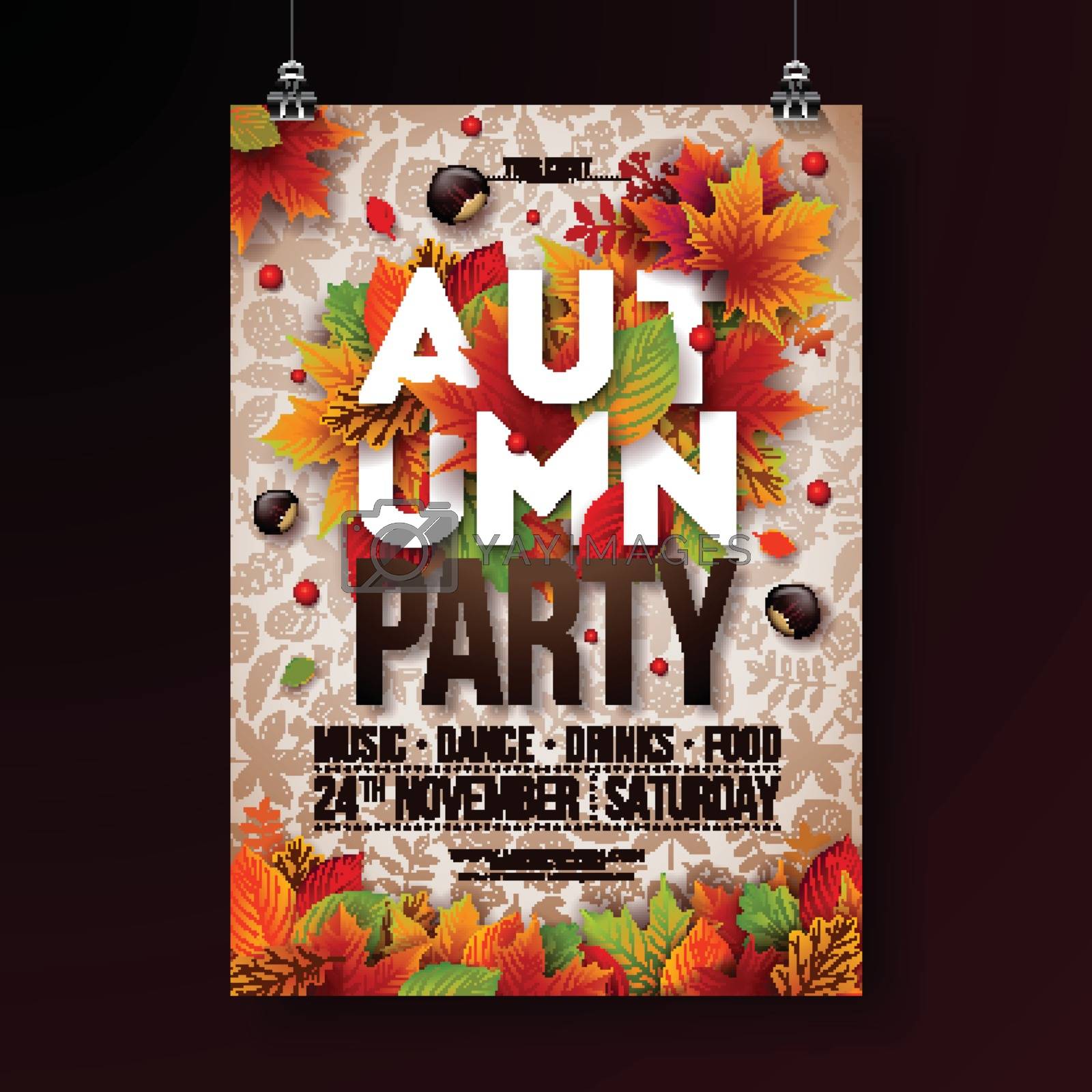 Royalty free image of Autumn Party Flyer Illustration with falling leaves and typography design on doodle pattern background. Vector Autumnal Fall Festival Design for Invitation or Holiday Celebration Poster. by articular