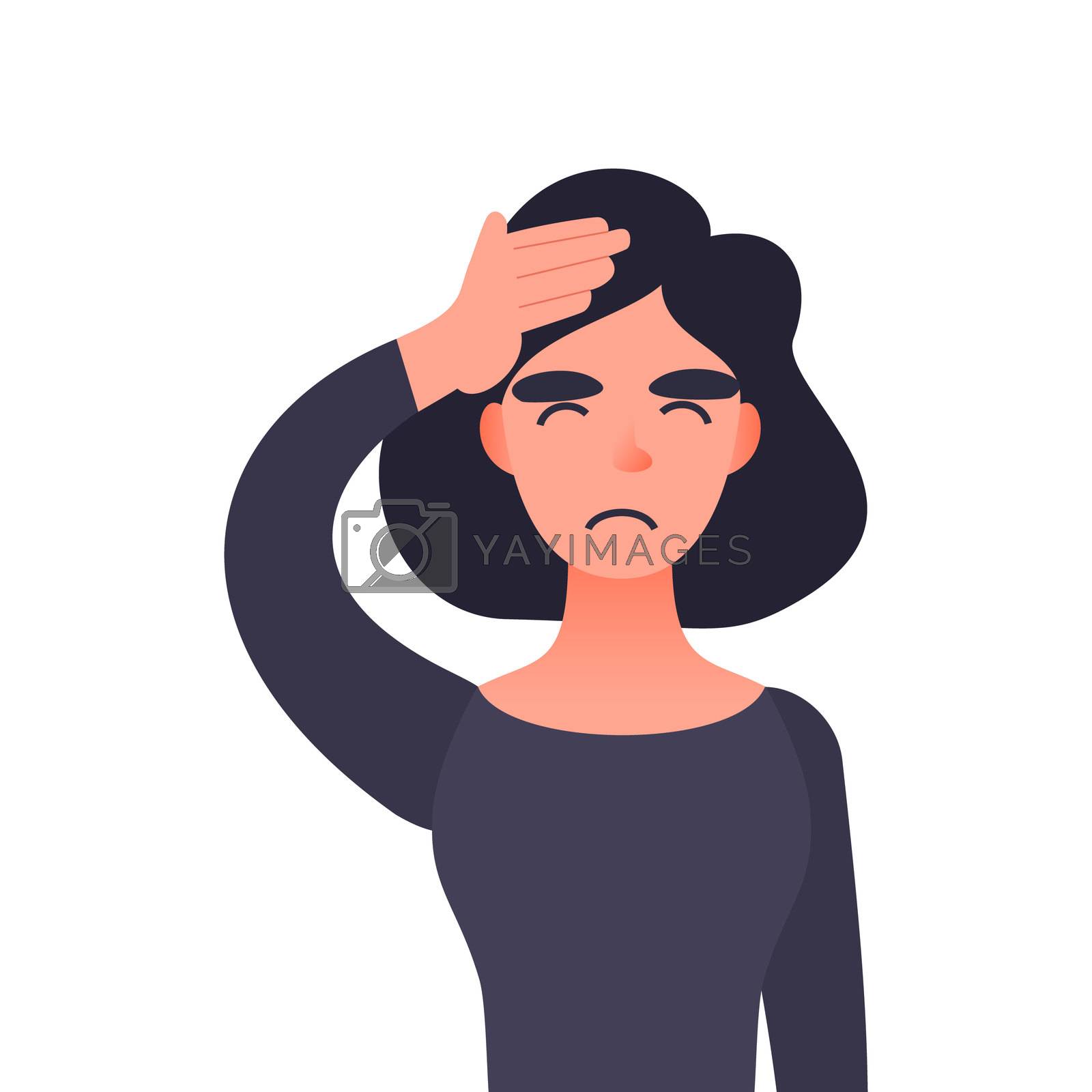 Royalty Free Image | Frustrated woman with headache. Cartoon female  character with migraines. Young girl pressing hand to her forehead. by  Elena_Garder