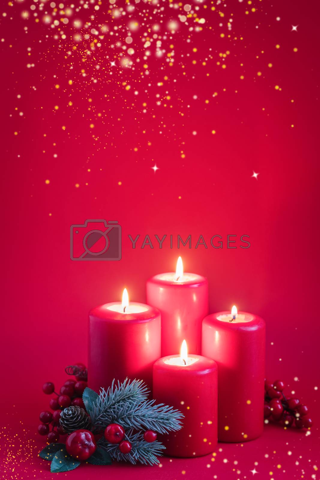 Royalty free image of Four red burning advent candles, golden snowflakes and a green spruce branch on a red background by Katia1504