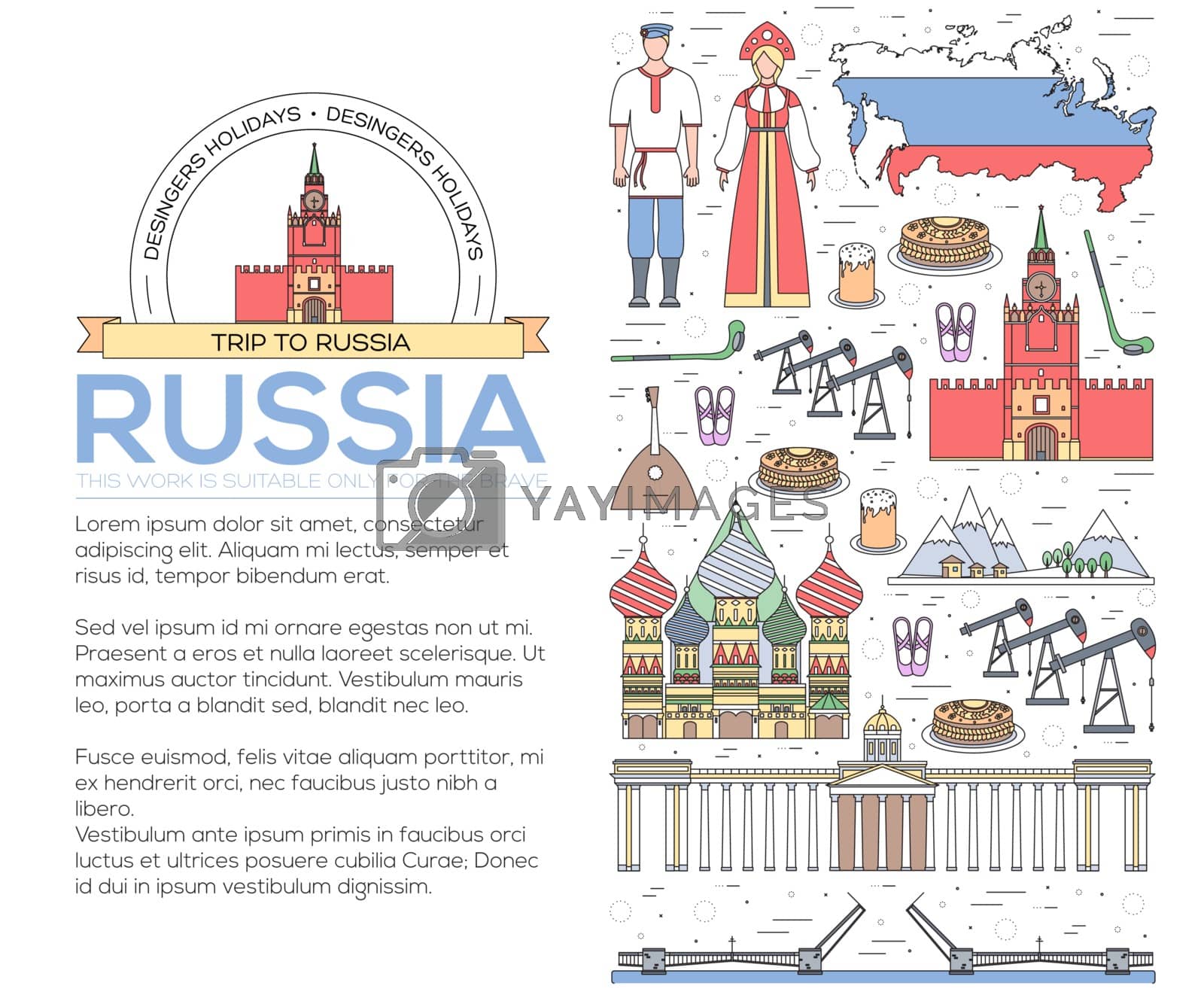 Royalty free image of Country Russia travel vacation guide of goods, places and features. Set of architecture, people, culture, icons background concept. Infographics template design for web and mobile. On thin lines style by Linetale