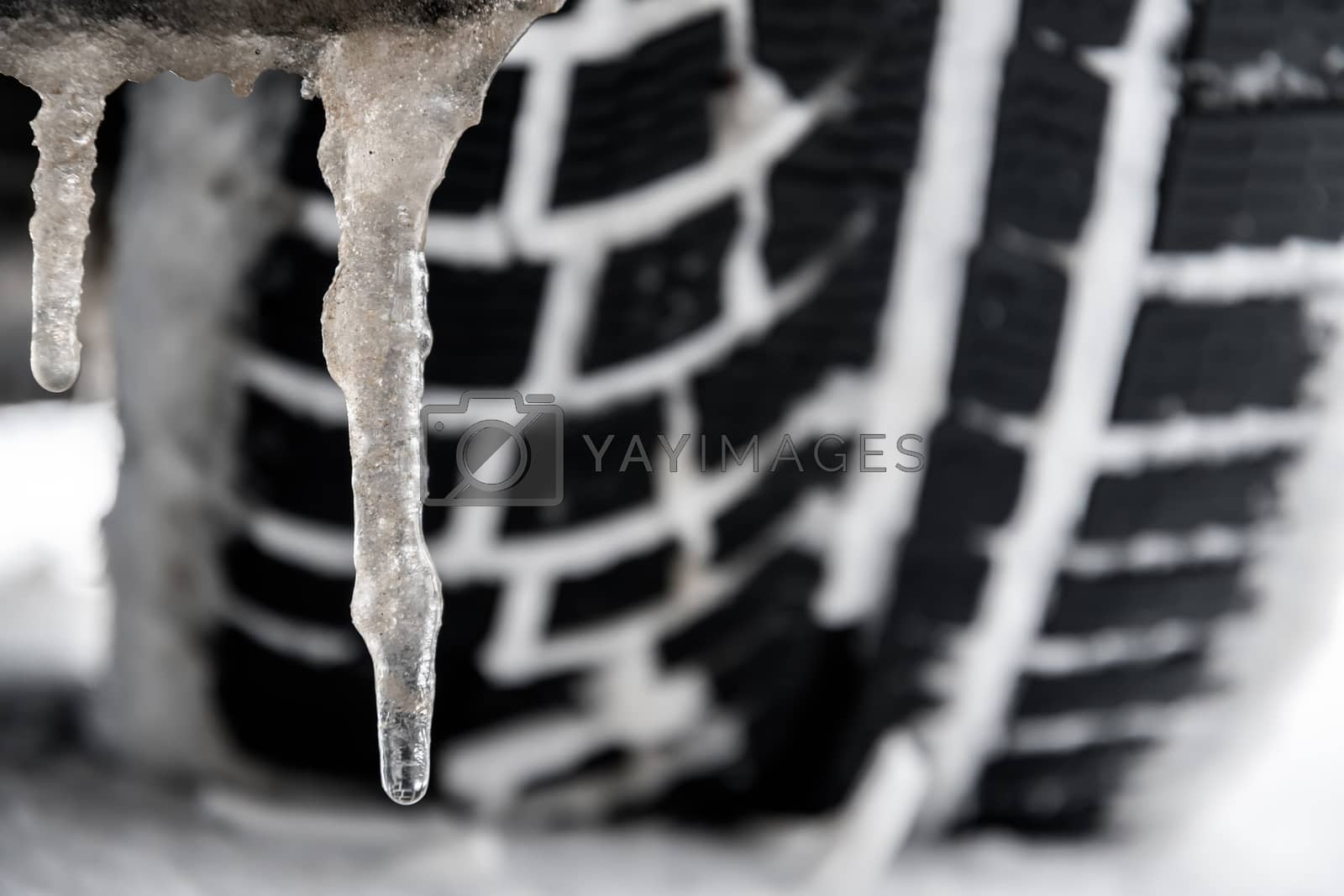 Royalty free image of closeup of a tyre of a car with icicle by w20er